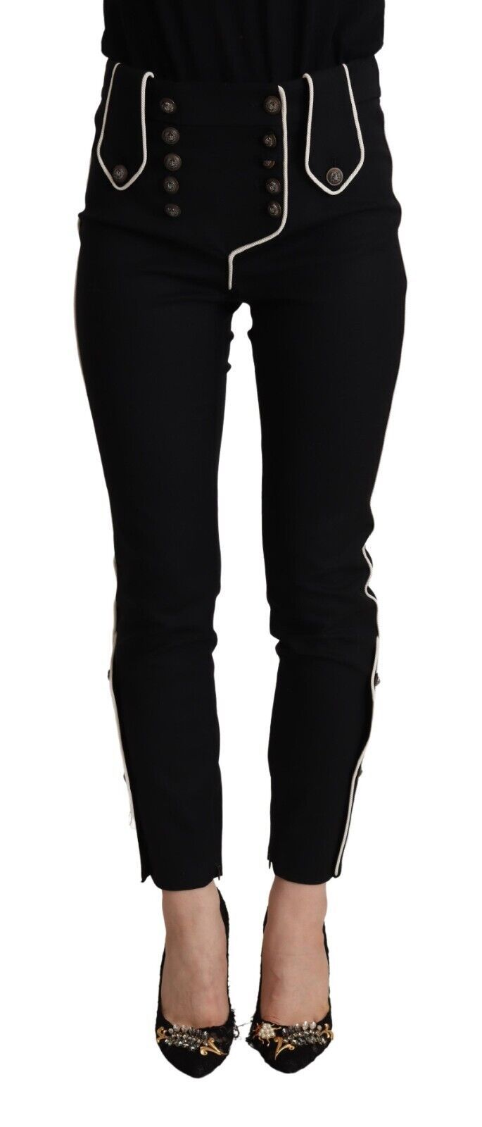 Dolce & Gabbana black slim-fit trousers with a mid-waisted design and embellished buttons
