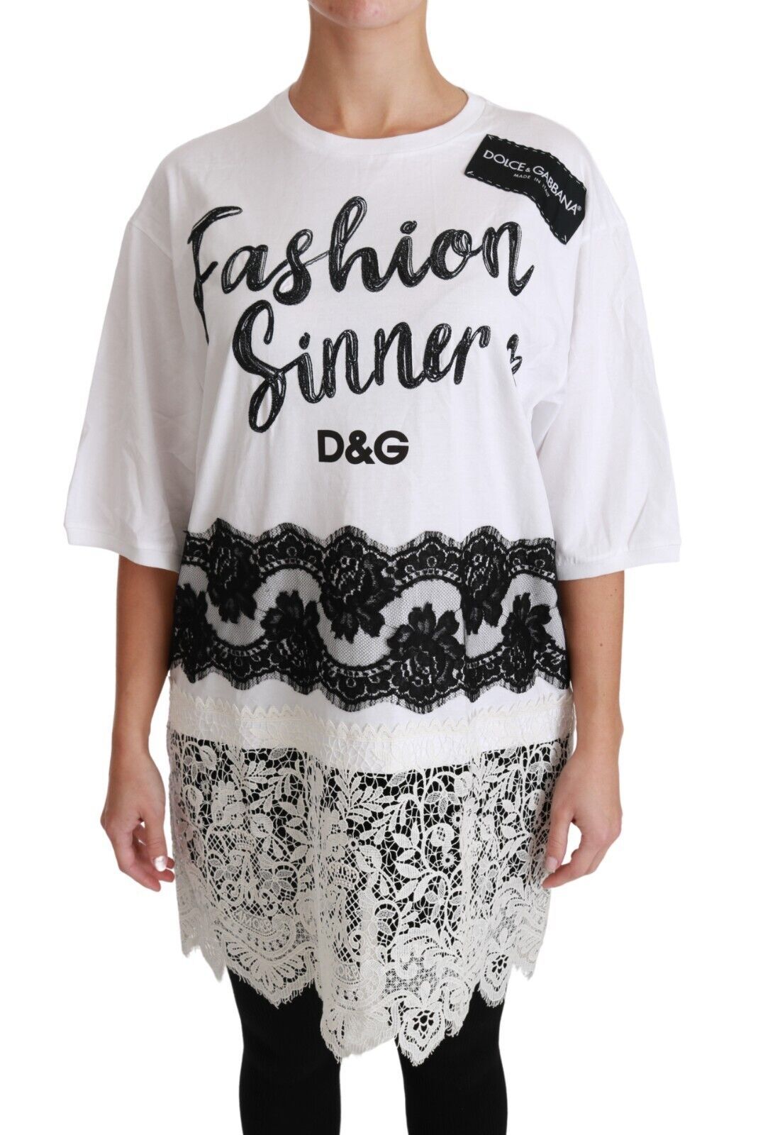 Dolce & Gabbana Weißes Fashion Sinner Baumwoll-Spitzen-T-Shirt-Top-2