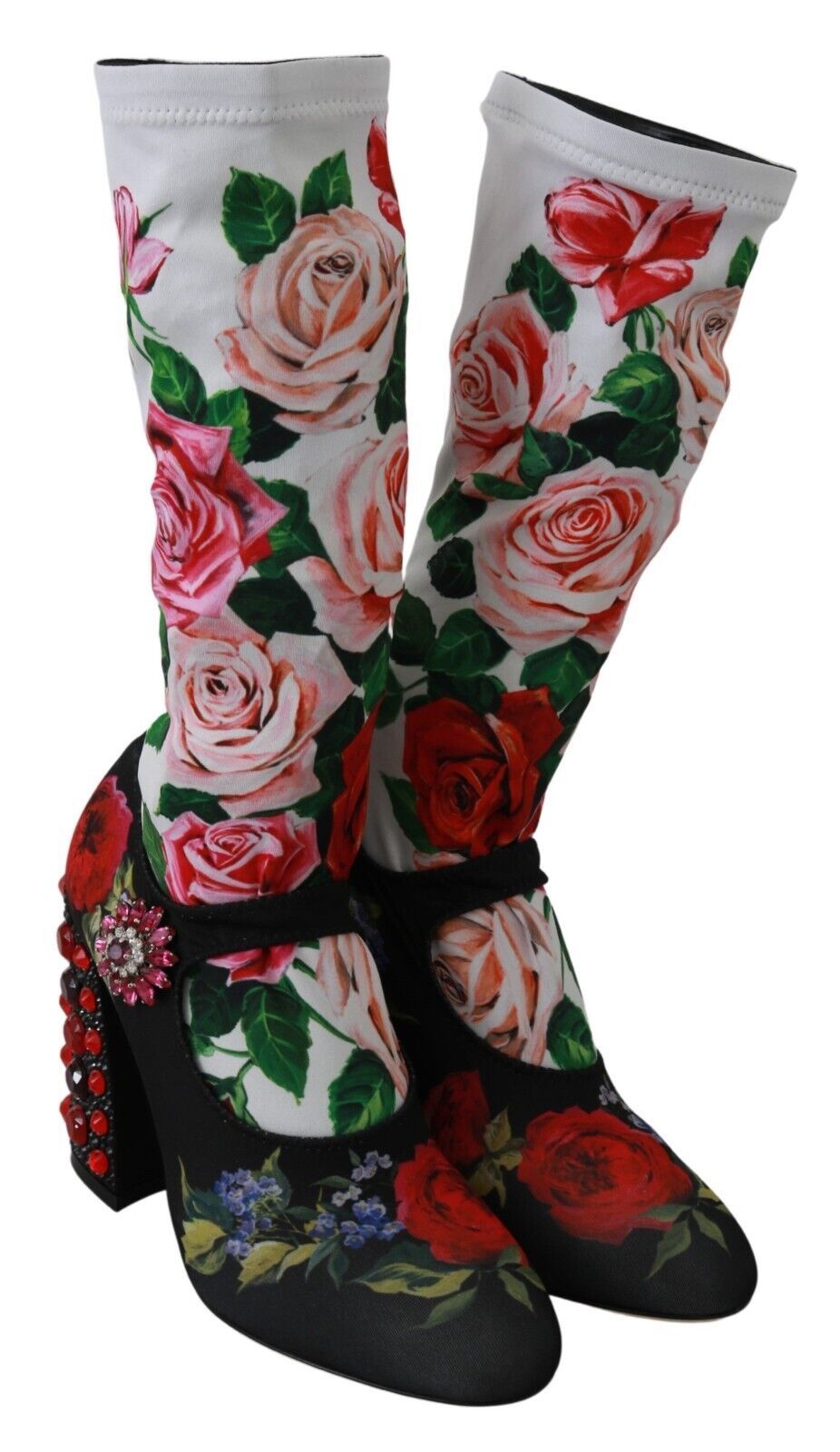 Dolce & Gabbana Black Floral Socks Crystal Jersey Boots Shoes-6