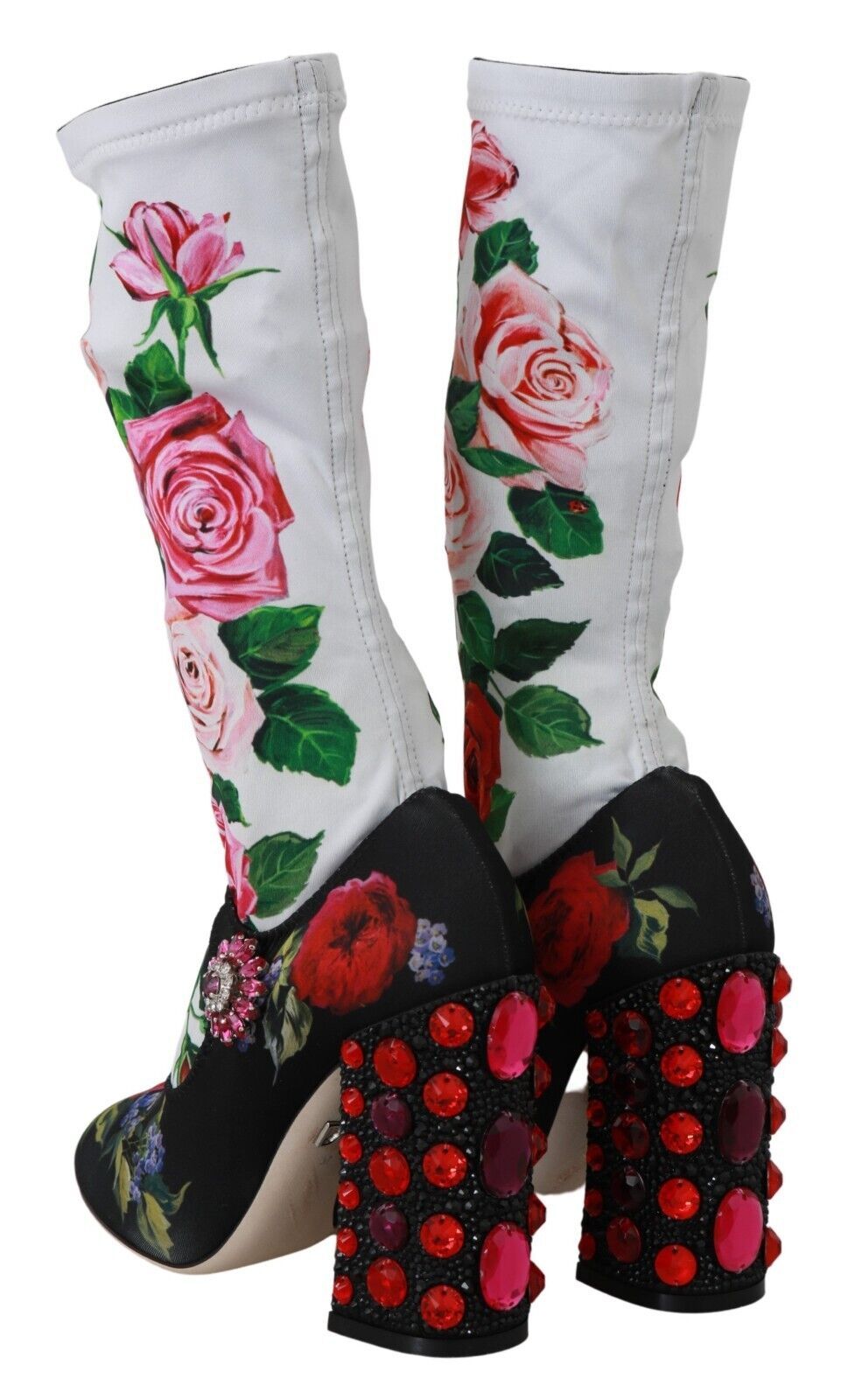 Dolce & Gabbana Black Floral Socks Crystal Jersey Boots Shoes-7