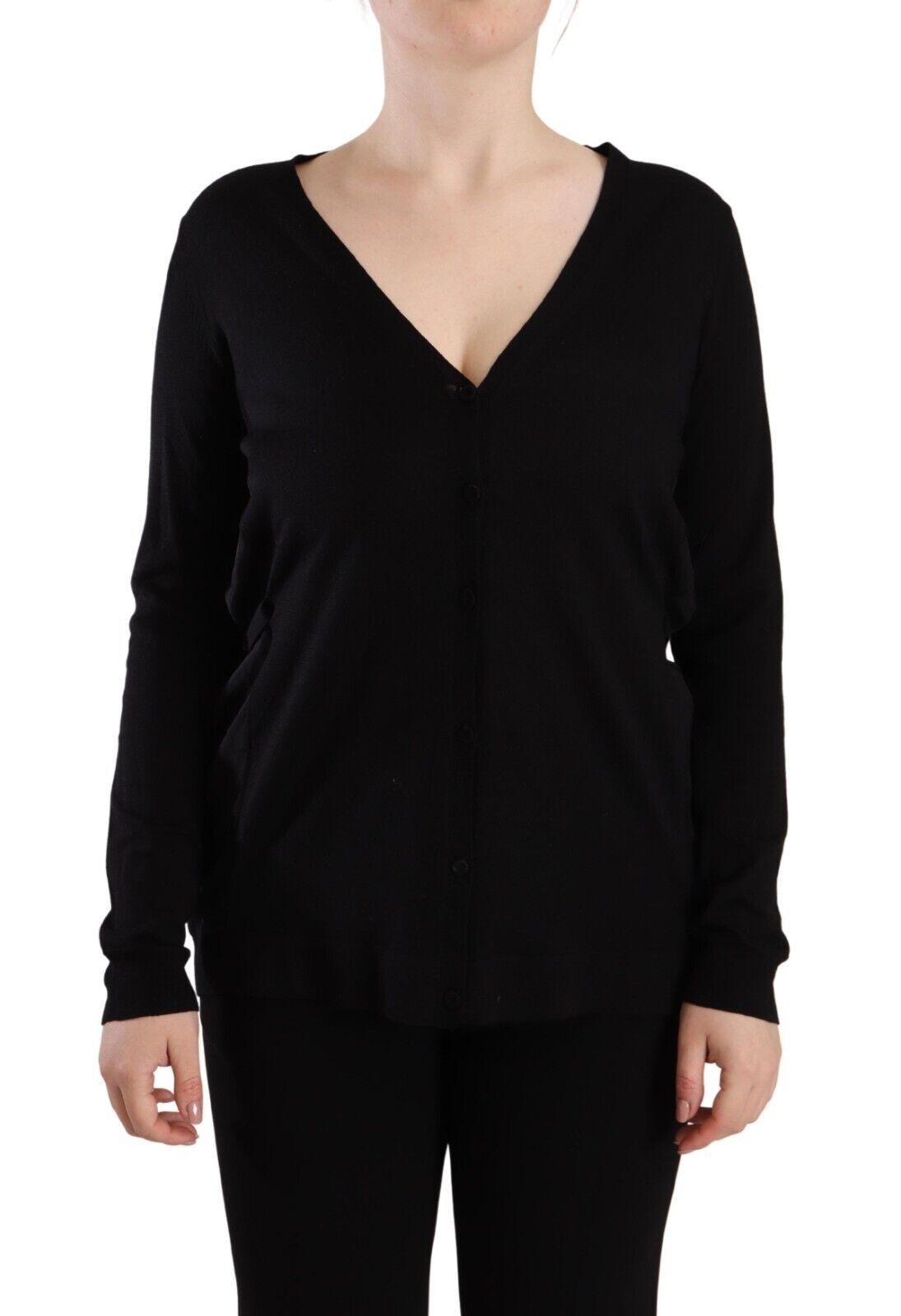 Dolce & Gabbana black wool sweater top with V-neck and long sleeves-1