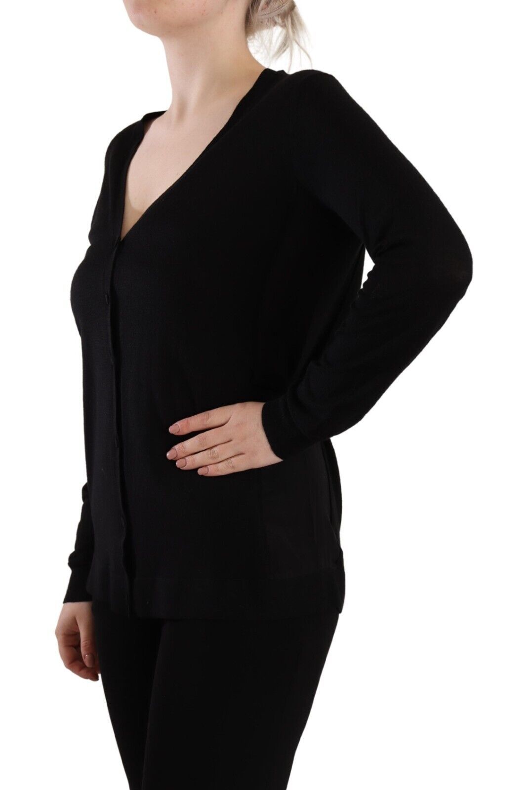 Dolce & Gabbana black wool sweater top with V-neck and long sleeves-2