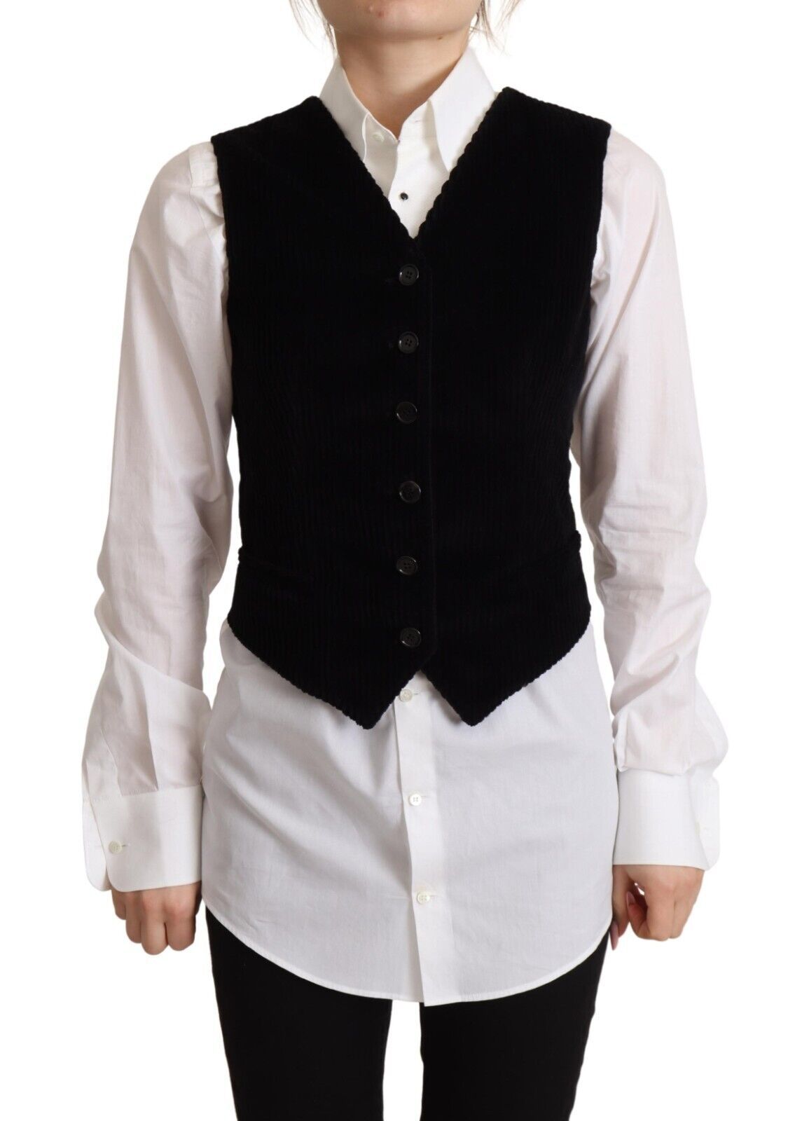 Dolce & Gabbana Black V-Neck Leopard Corduroy Button Vest Top-1