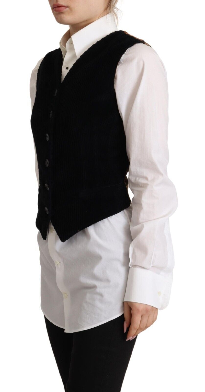 Dolce & Gabbana Black V-Neck Leopard Corduroy Button Vest Top-2