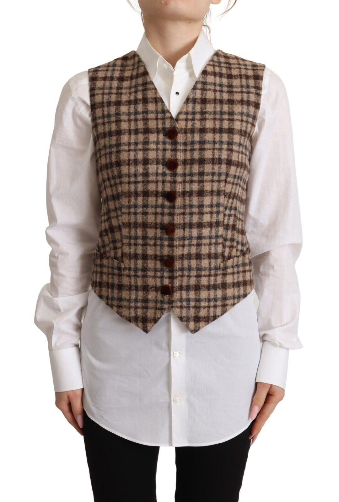 Dolce & Gabbana brown checked leopard print top with V-neck and sleeveless vest-1