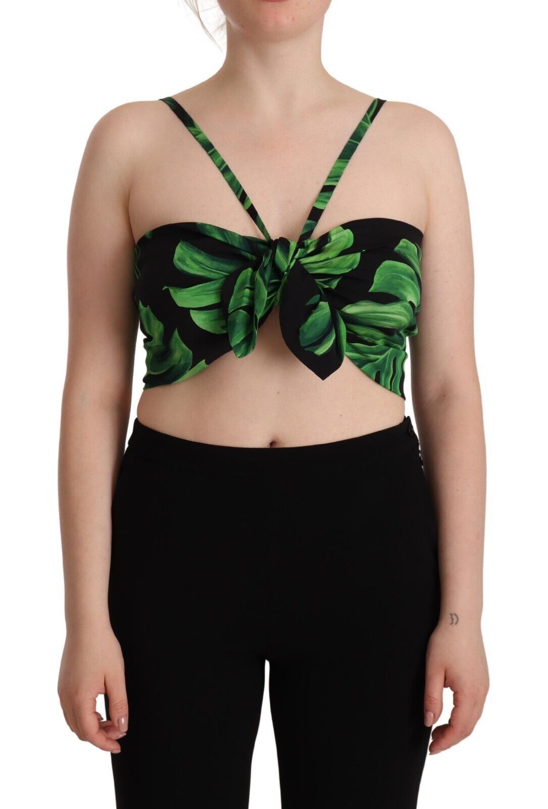 Dolce & Gabbana Black and Green Leaf Silk Halter Top