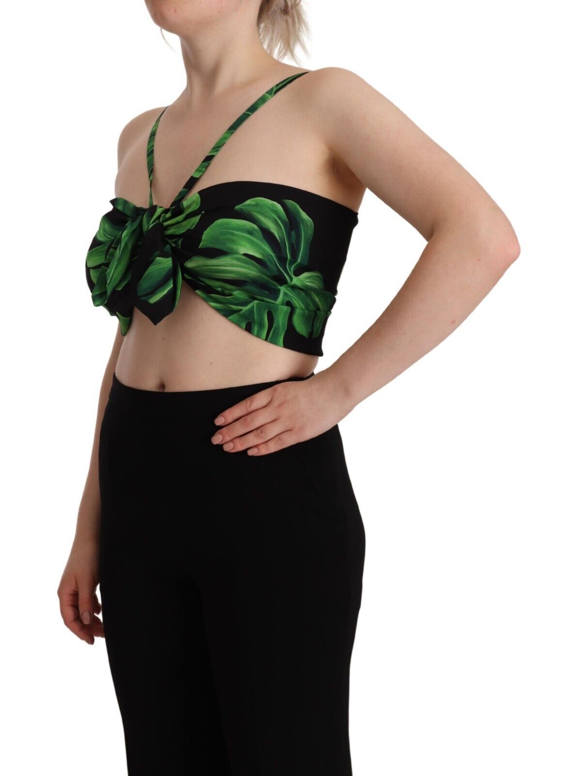 Dolce & Gabbana Black and Green Leaf Silk Halter Top-2