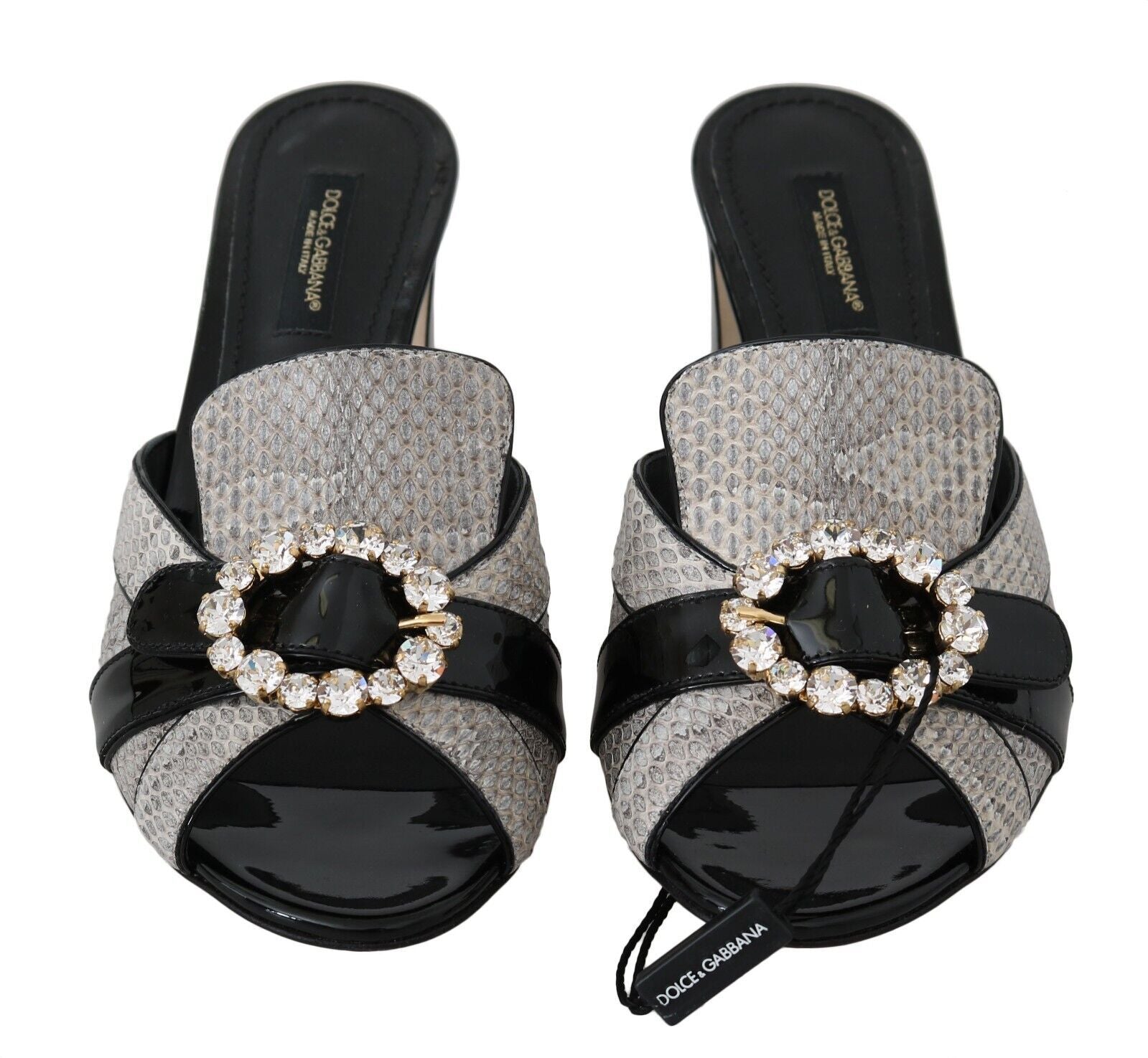 Dolce & Gabbana Black Grey Exotic Leather Crystal Sandals Shoes-5