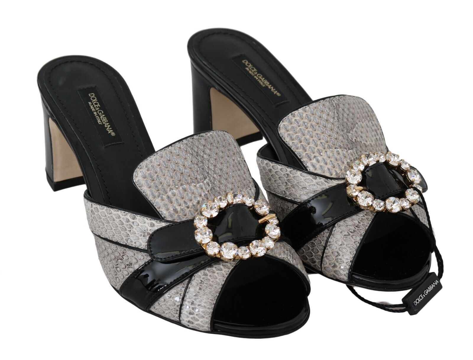 Dolce & Gabbana Black Grey Exotic Leather Crystal Sandals Shoes-6