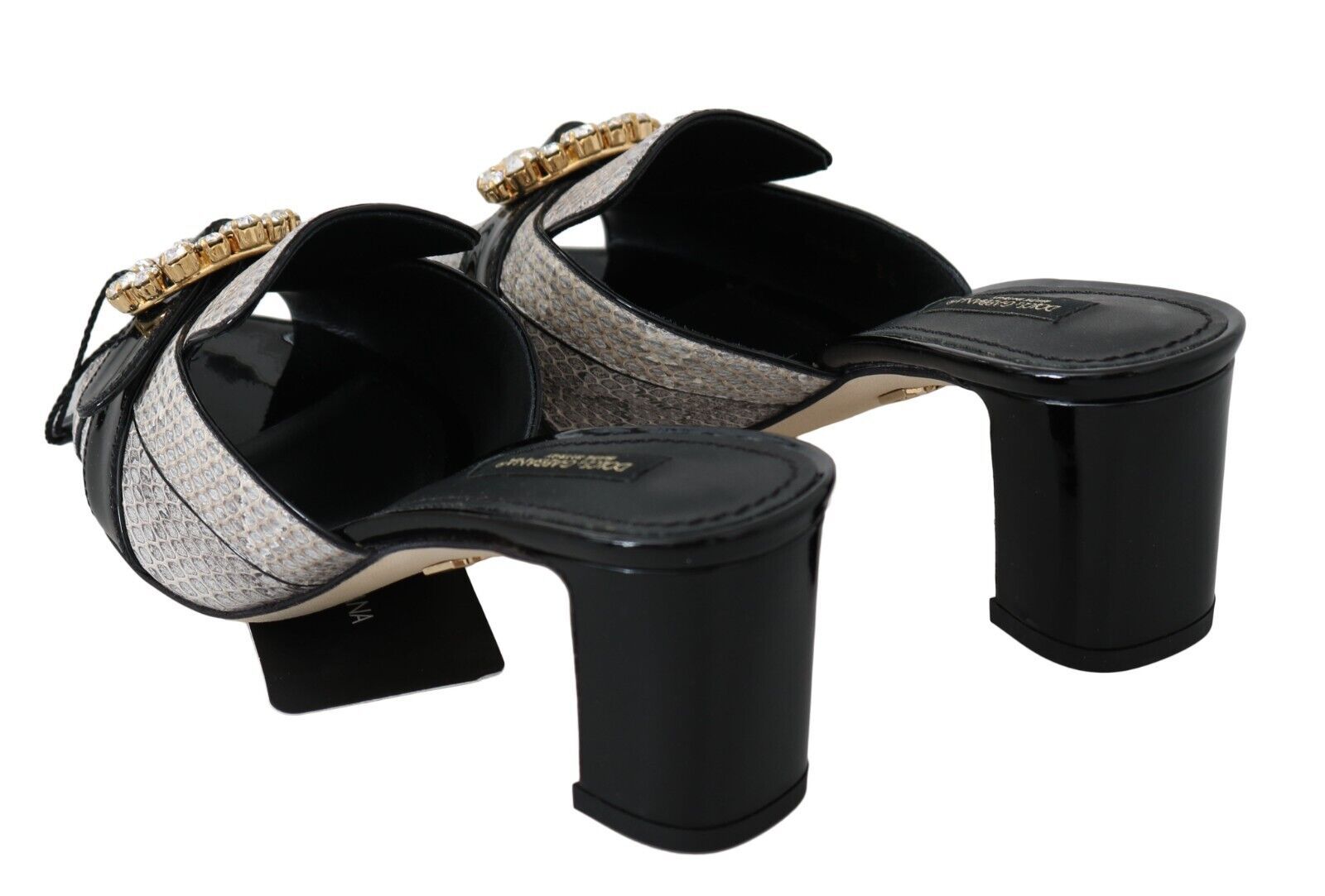 Dolce & Gabbana Black Grey Exotic Leather Crystal Sandals Shoes-7