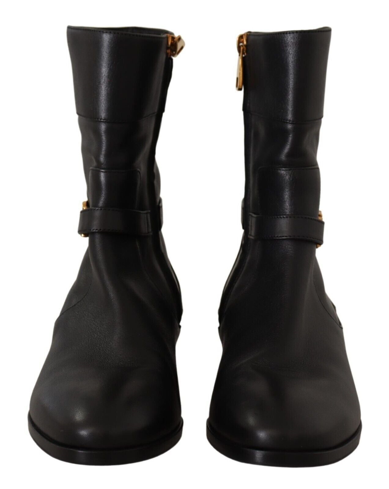 Dolce & Gabbana Black Leather Flats Logo Short Boots Shoes-2