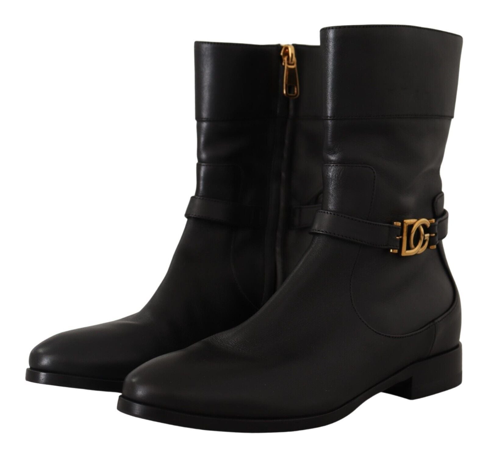 Dolce & Gabbana Black Leather Flats Logo Short Boots Shoes-3
