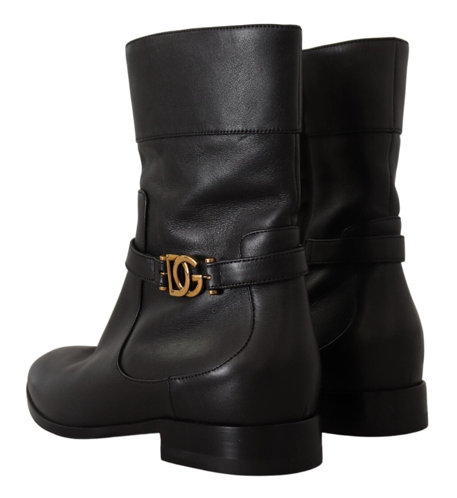 Dolce & Gabbana Black Leather Flats Logo Short Boots Shoes-4