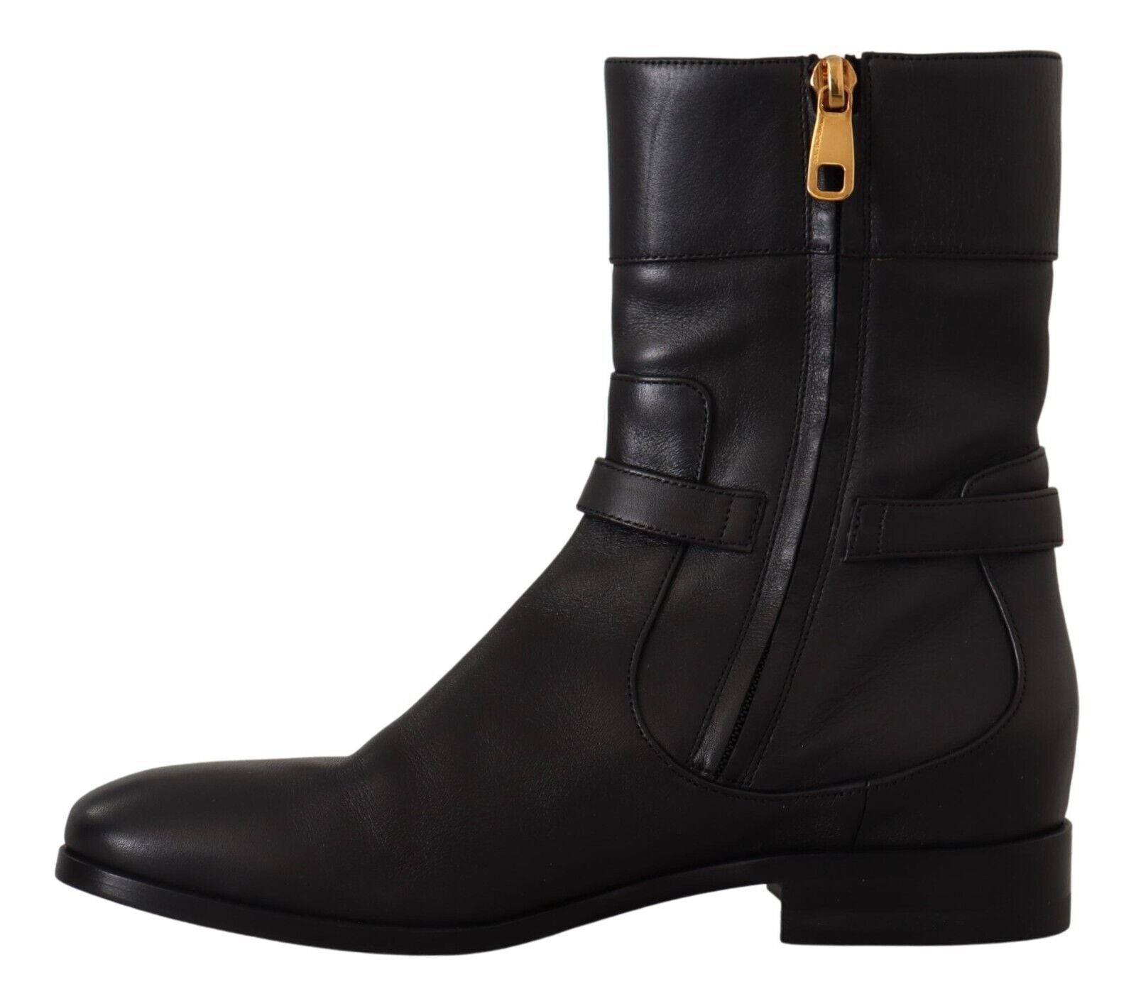 Dolce & Gabbana Black Leather Flats Logo Short Boots Shoes-5