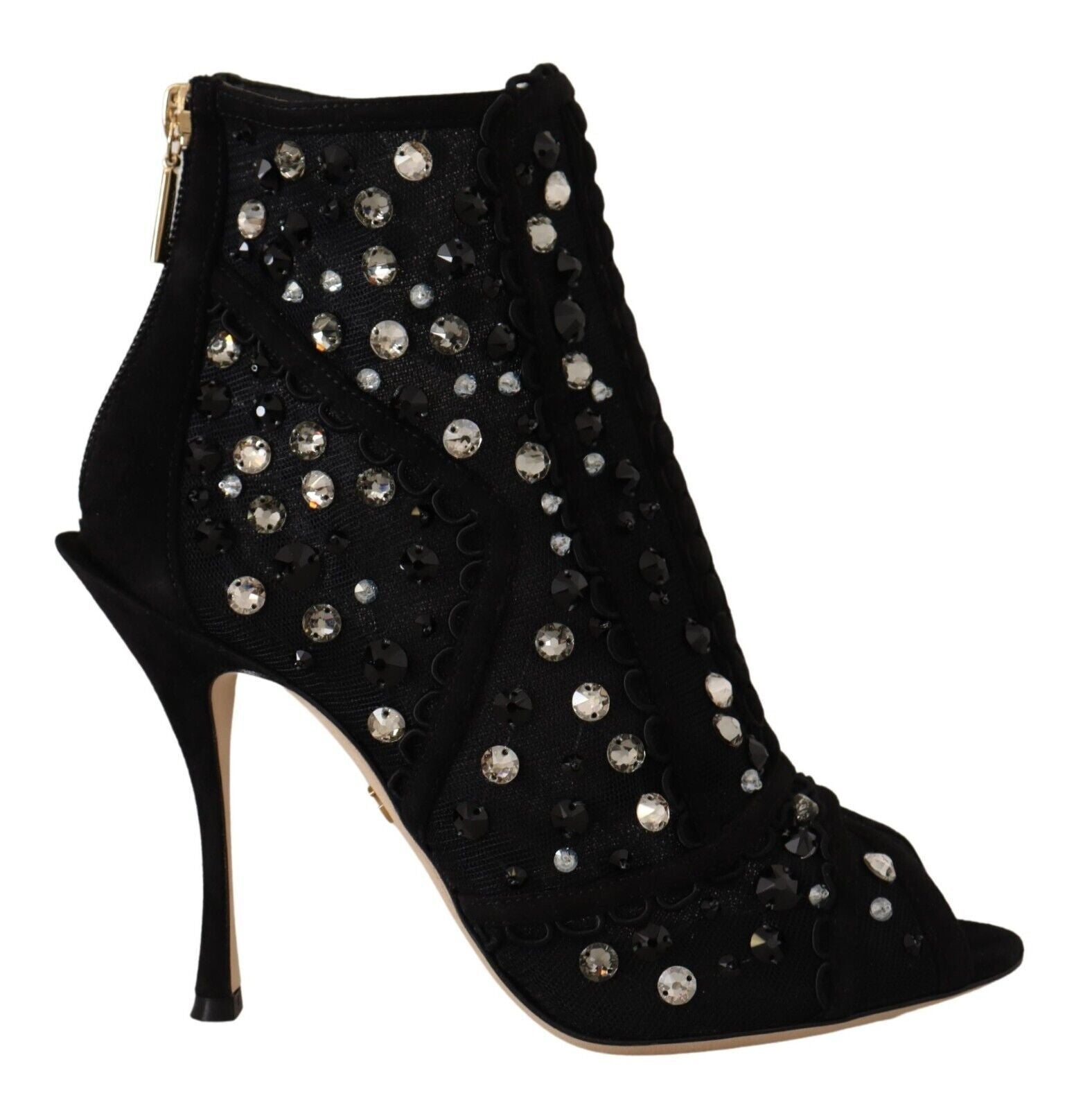 Dolce & Gabbana Black Crystal Heels Zipper Short Boots Shoes