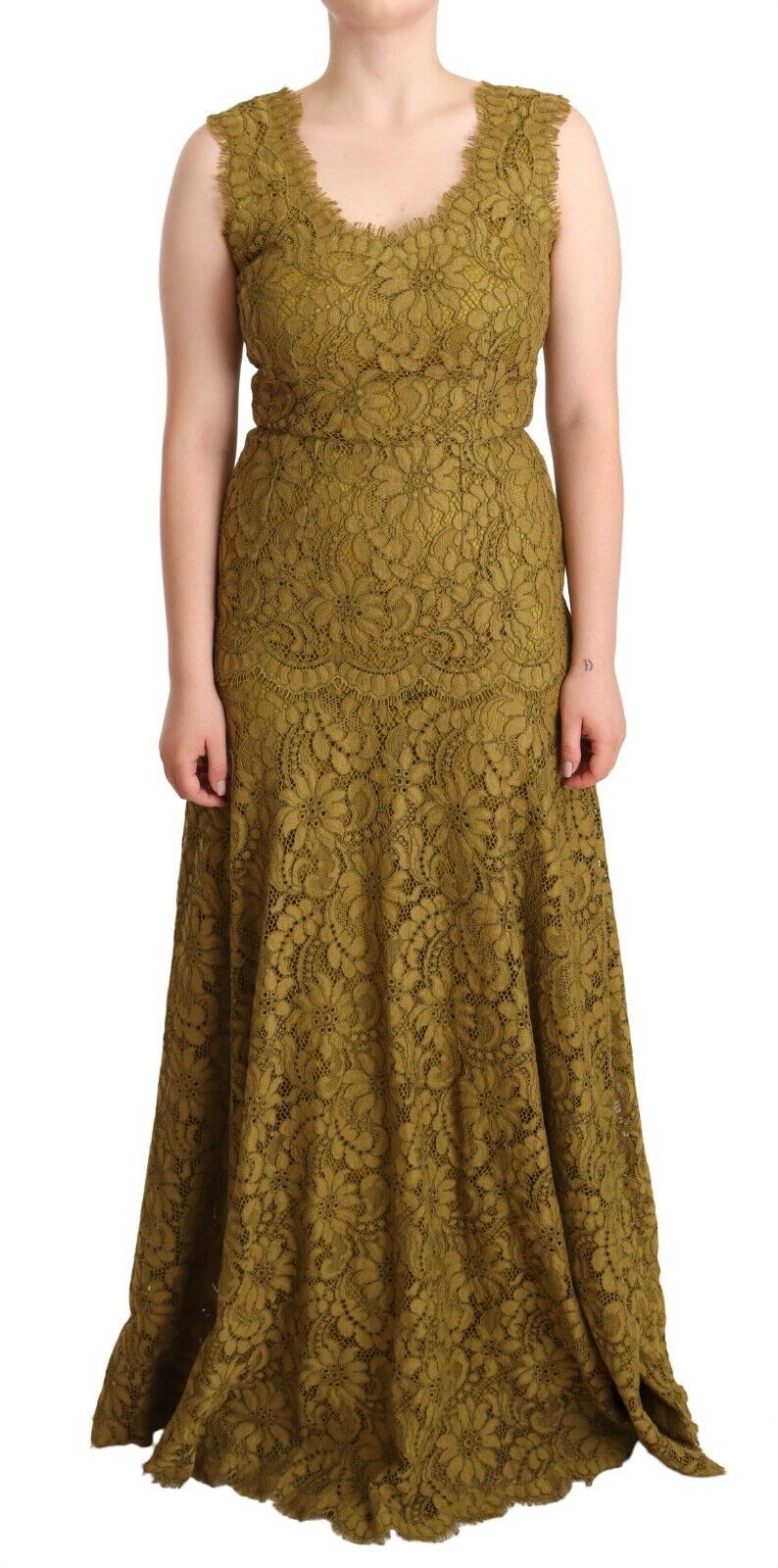 Vestido largo marrón hasta el suelo de Dolce & Gabbana con encaje floral-1