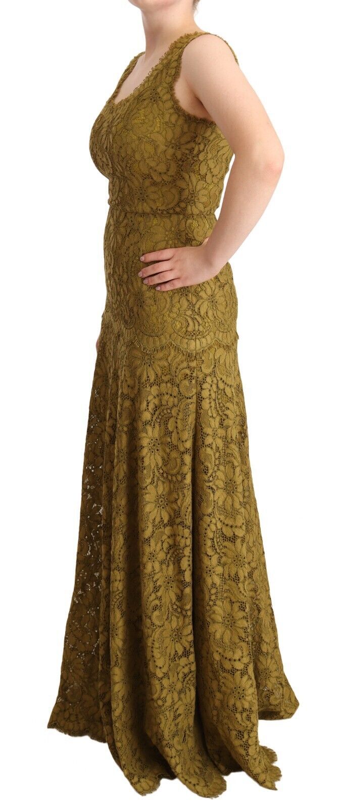Vestido largo marrón hasta el suelo de Dolce & Gabbana con encaje floral-2