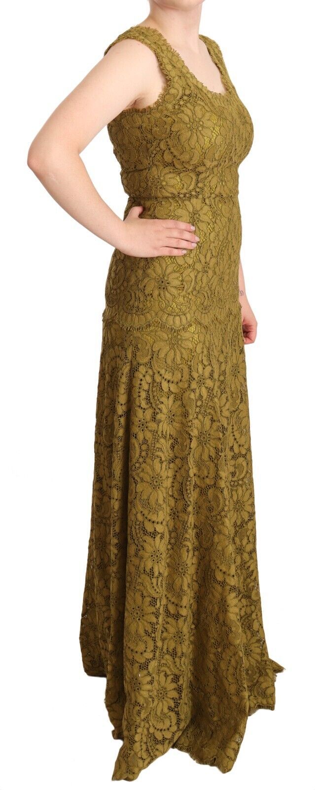 Vestido largo marrón hasta el suelo de Dolce & Gabbana con encaje floral-3