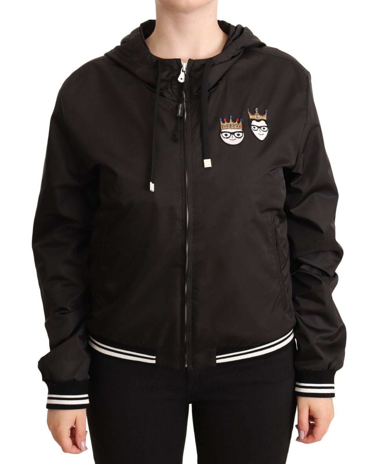 Dolce & Gabbana Black polyester bomber jacket with hood and zipper