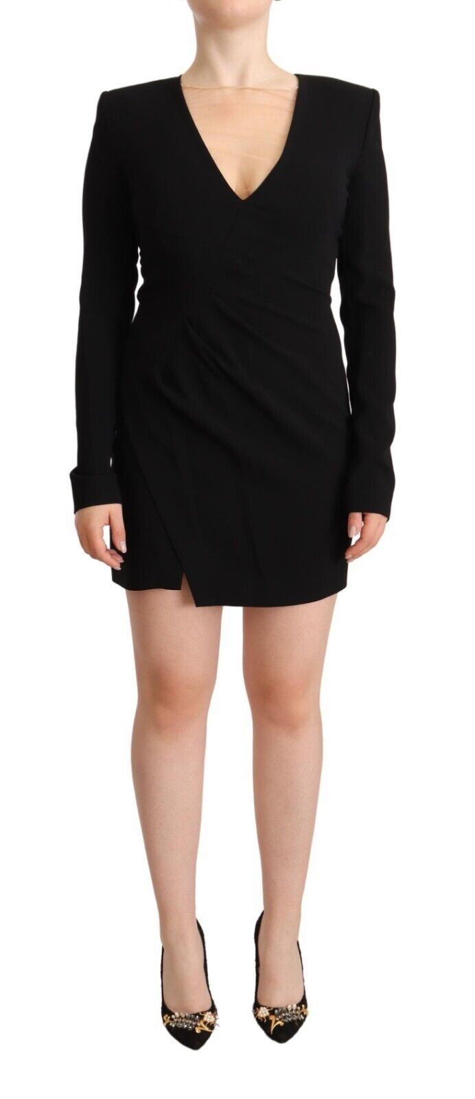 Dsquared² Black long-sleeved mini sheath dress with deep V-neck-1