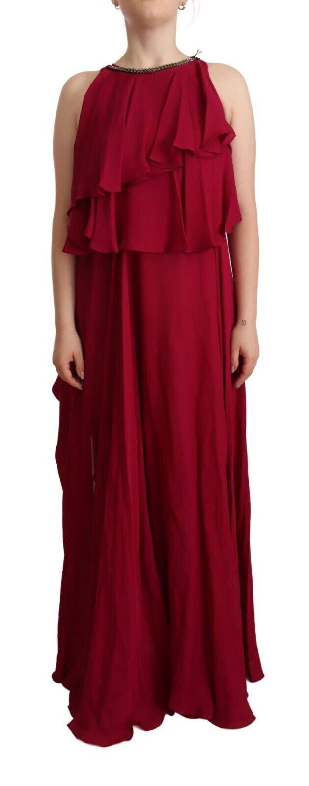 PLEIN SUD Orchid Silk Sleeveless Long Maxi Ruffled Slide Dress-1