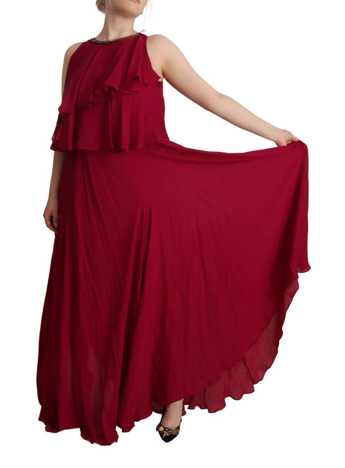 PLEIN SUD Orchid Silk Sleeveless Long Maxi Ruffled Slide Dress-2