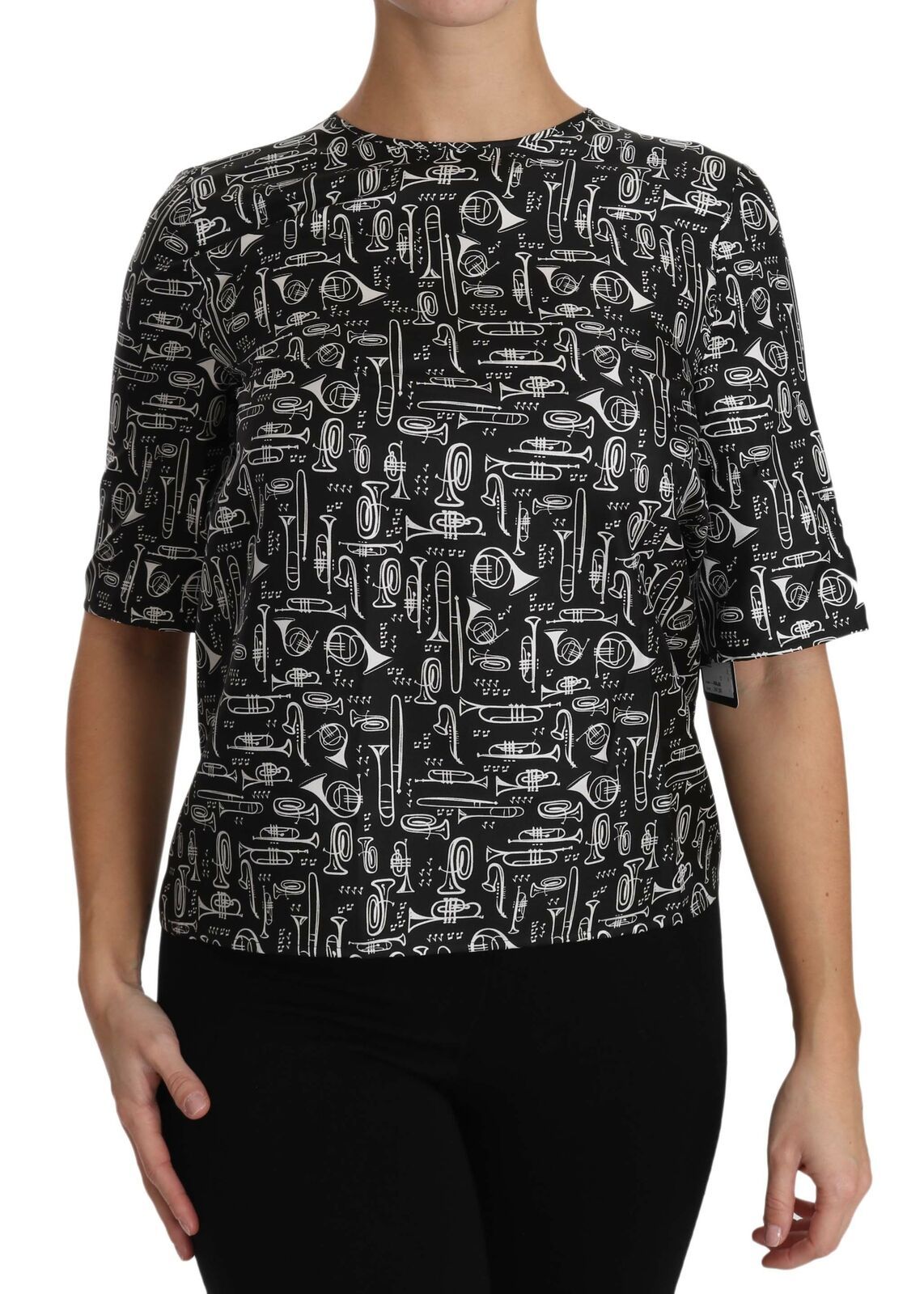 Blusa de seda negra Dolce & Gabbana con estampado de instrumentos musicales-1
