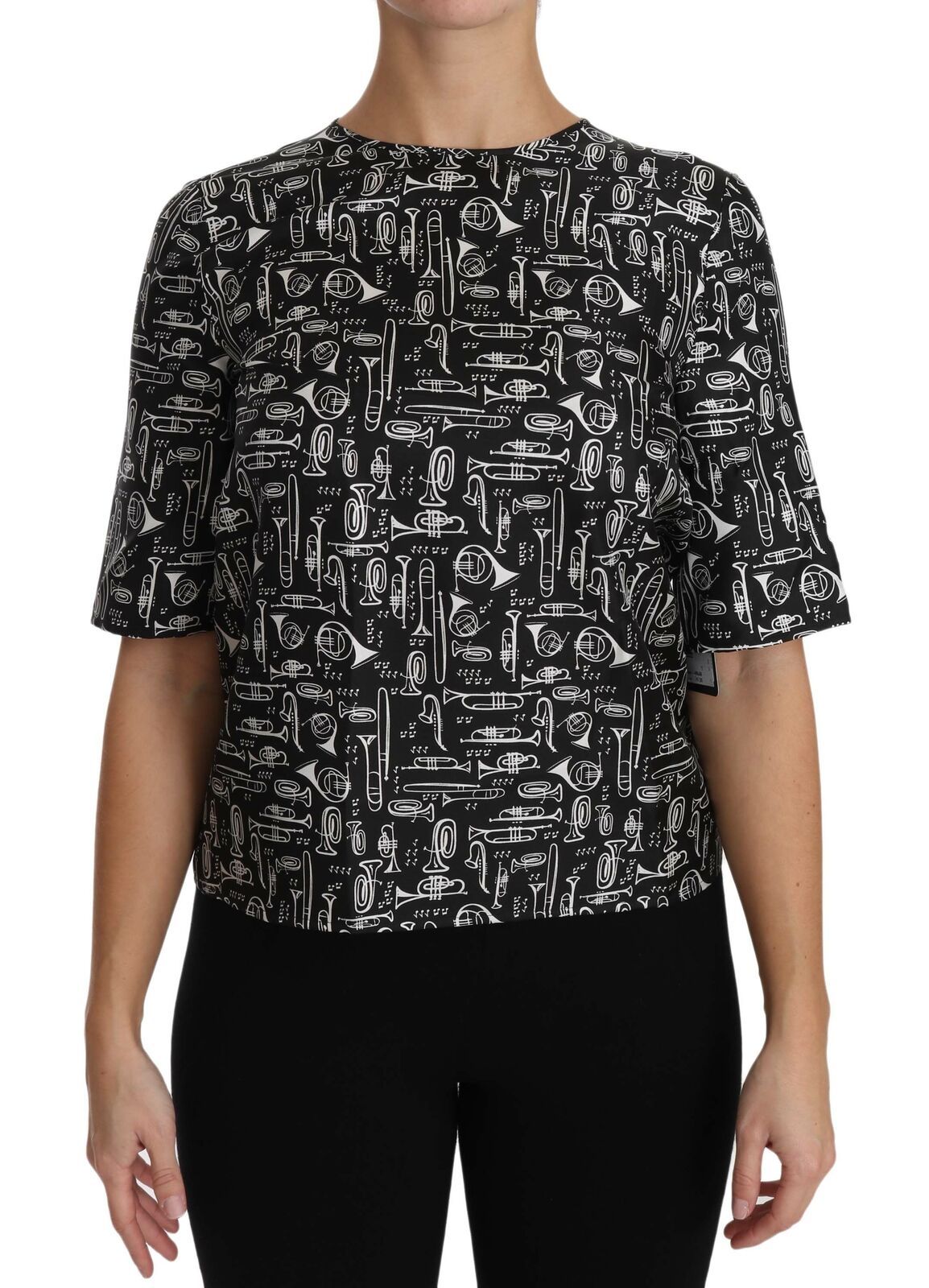 Blusa de seda negra Dolce & Gabbana con estampado de instrumentos musicales-2