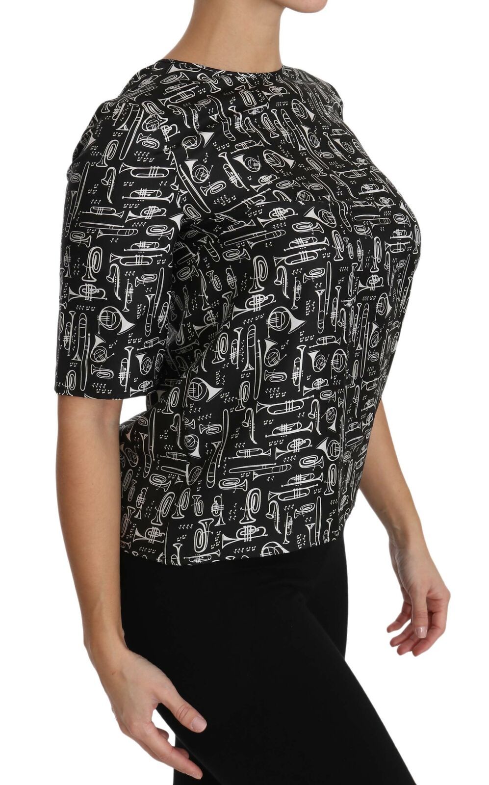 Blusa de seda negra Dolce & Gabbana con estampado de instrumentos musicales-3