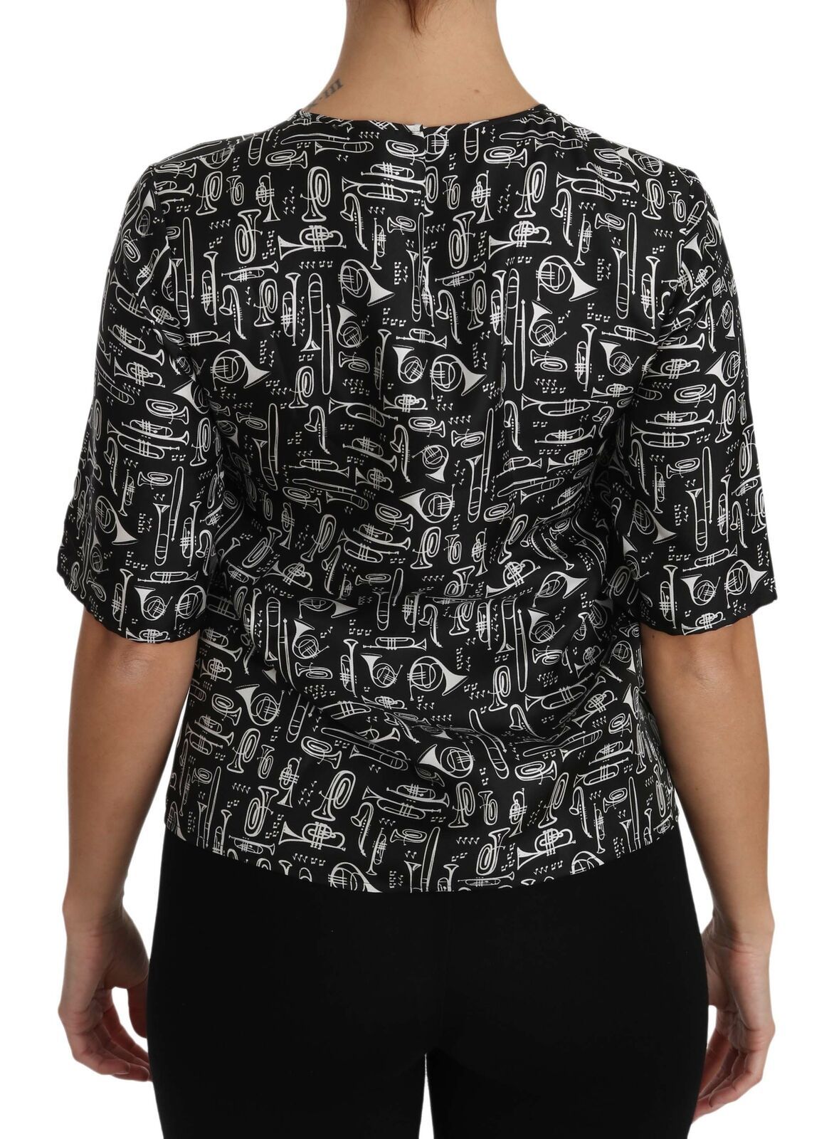 Blusa de seda negra Dolce & Gabbana con estampado de instrumentos musicales-5