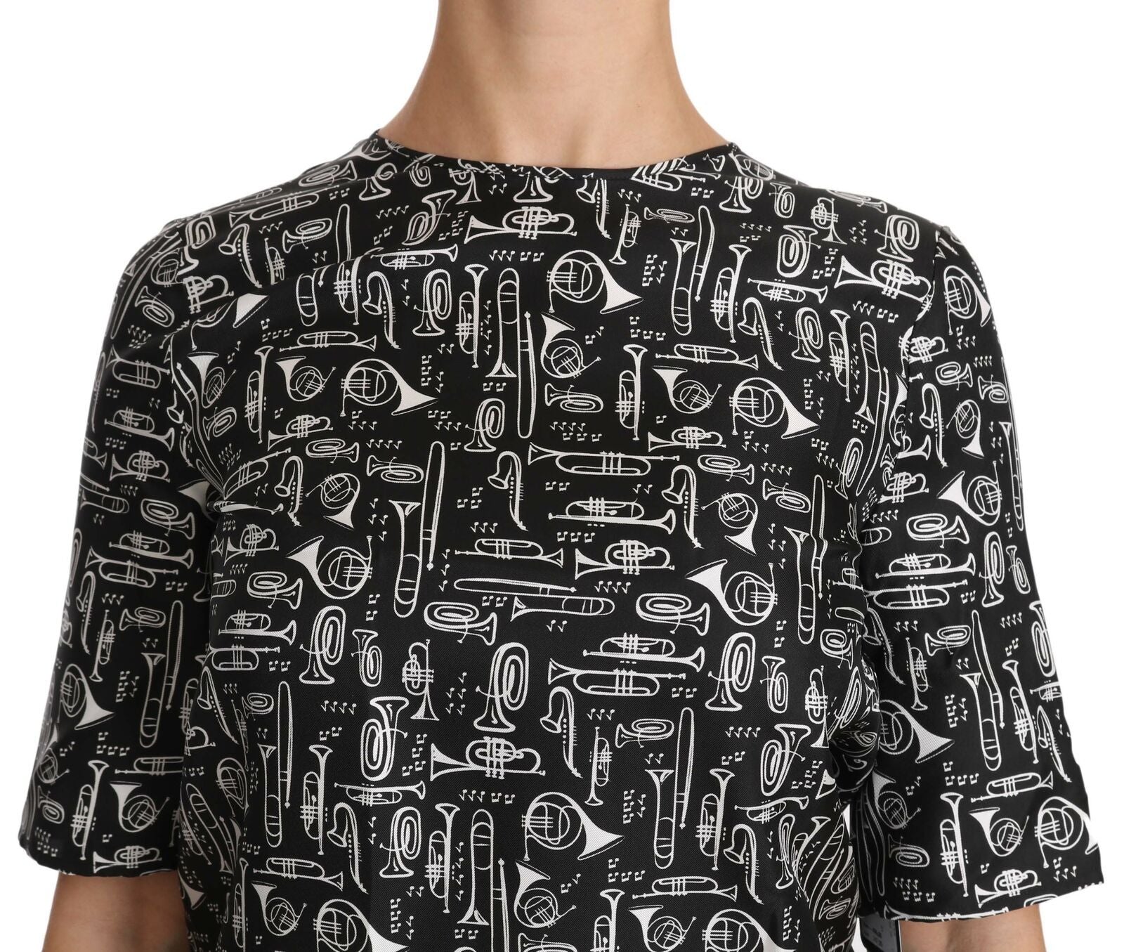 Blusa de seda negra Dolce & Gabbana con estampado de instrumentos musicales-6