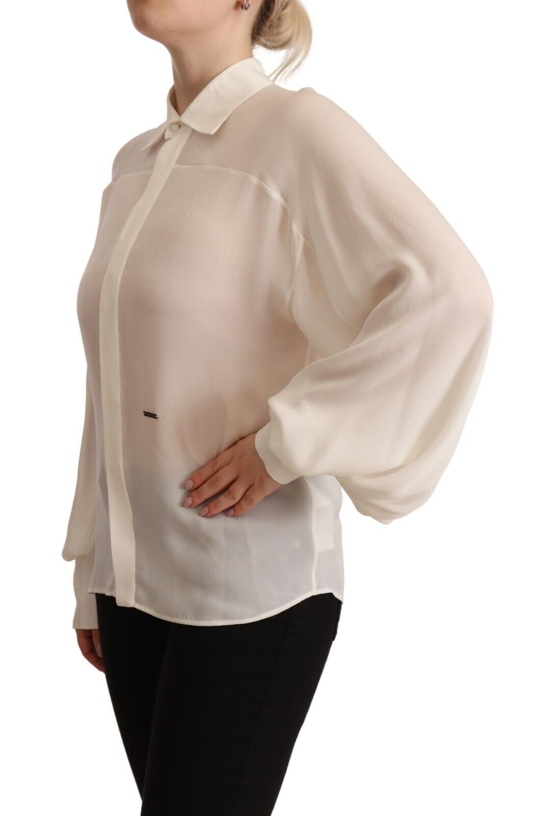 Dsquared² Off White Silk Long Sleeves Collared Blouse Top-2