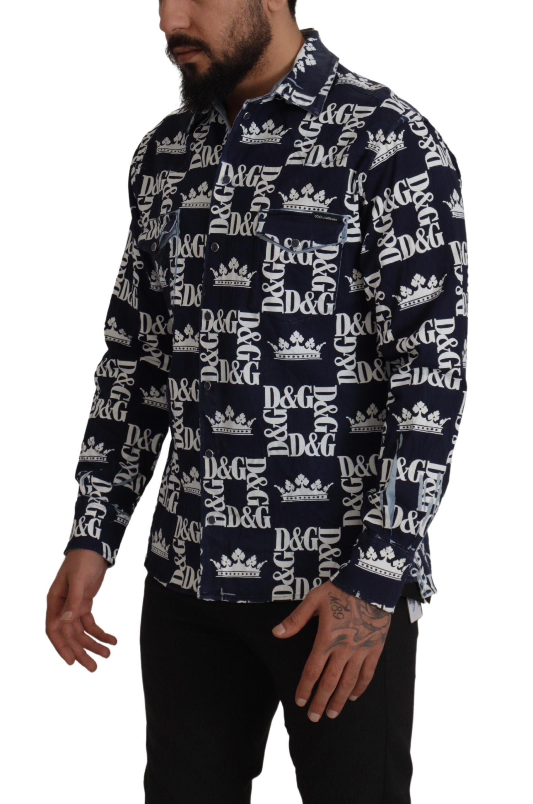 Dolce & Gabbana Blue Denim Stretch DG Crown Logo Casual Shirt-2