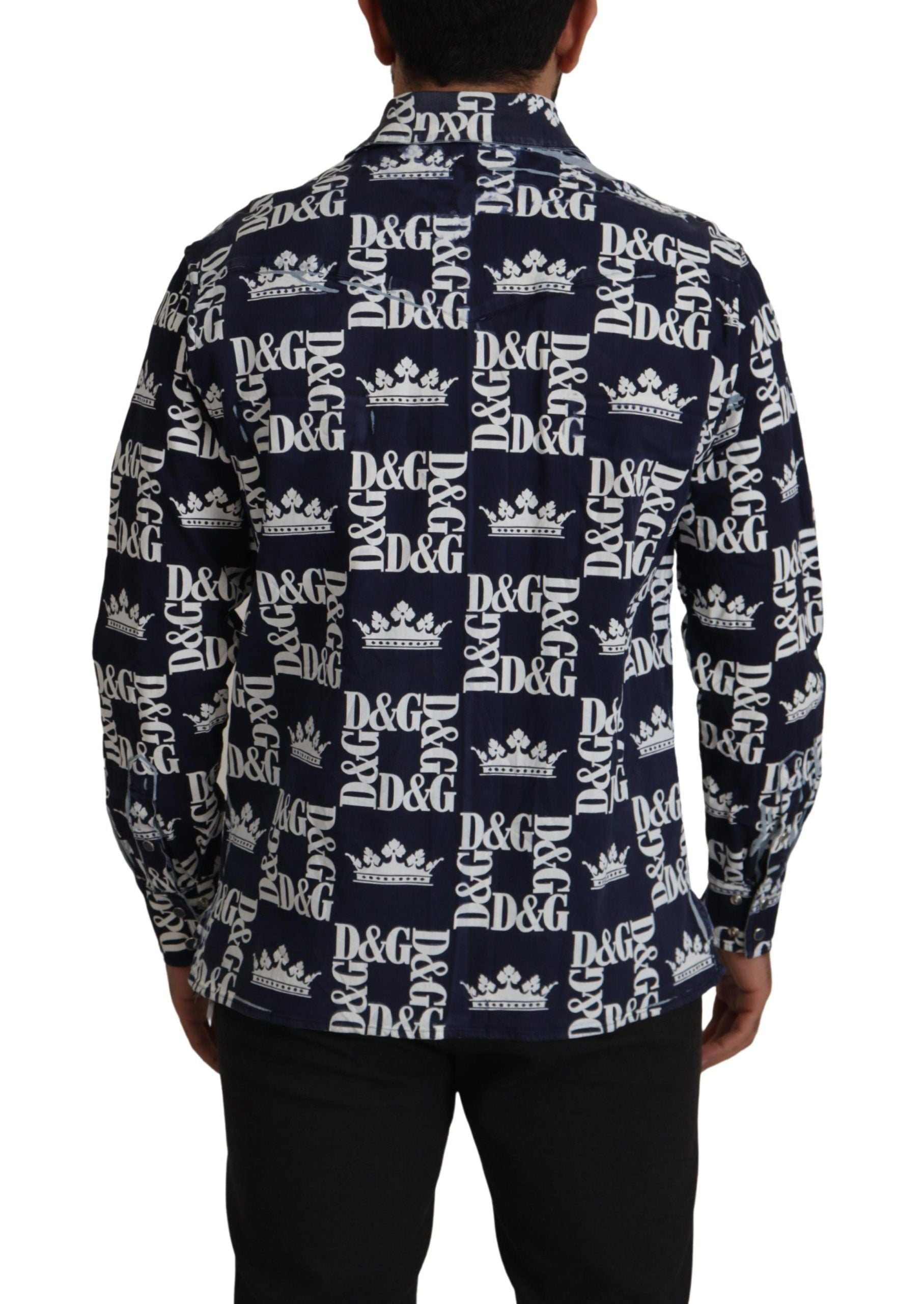 Dolce & Gabbana Blue Denim Stretch DG Crown Logo Casual Shirt-3