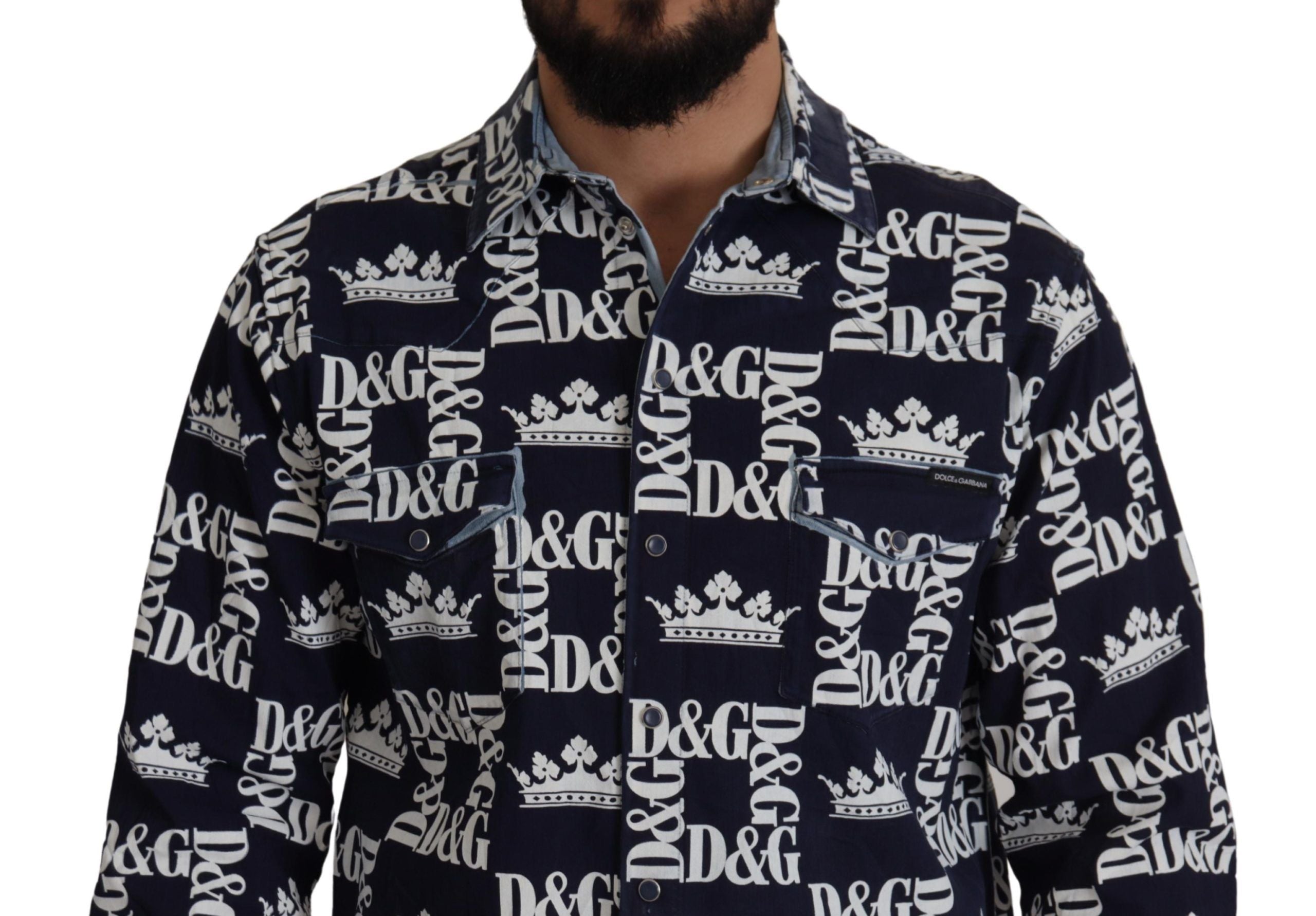 Dolce & Gabbana Blue Denim Stretch DG Crown Logo Casual Shirt-4