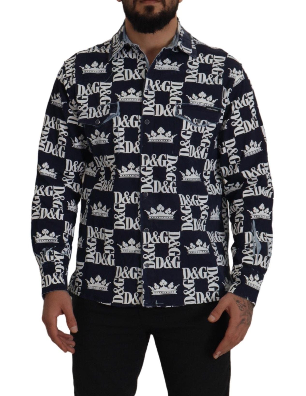Dolce & Gabbana Blue Denim Stretch DG Crown Logo Casual Shirt-5