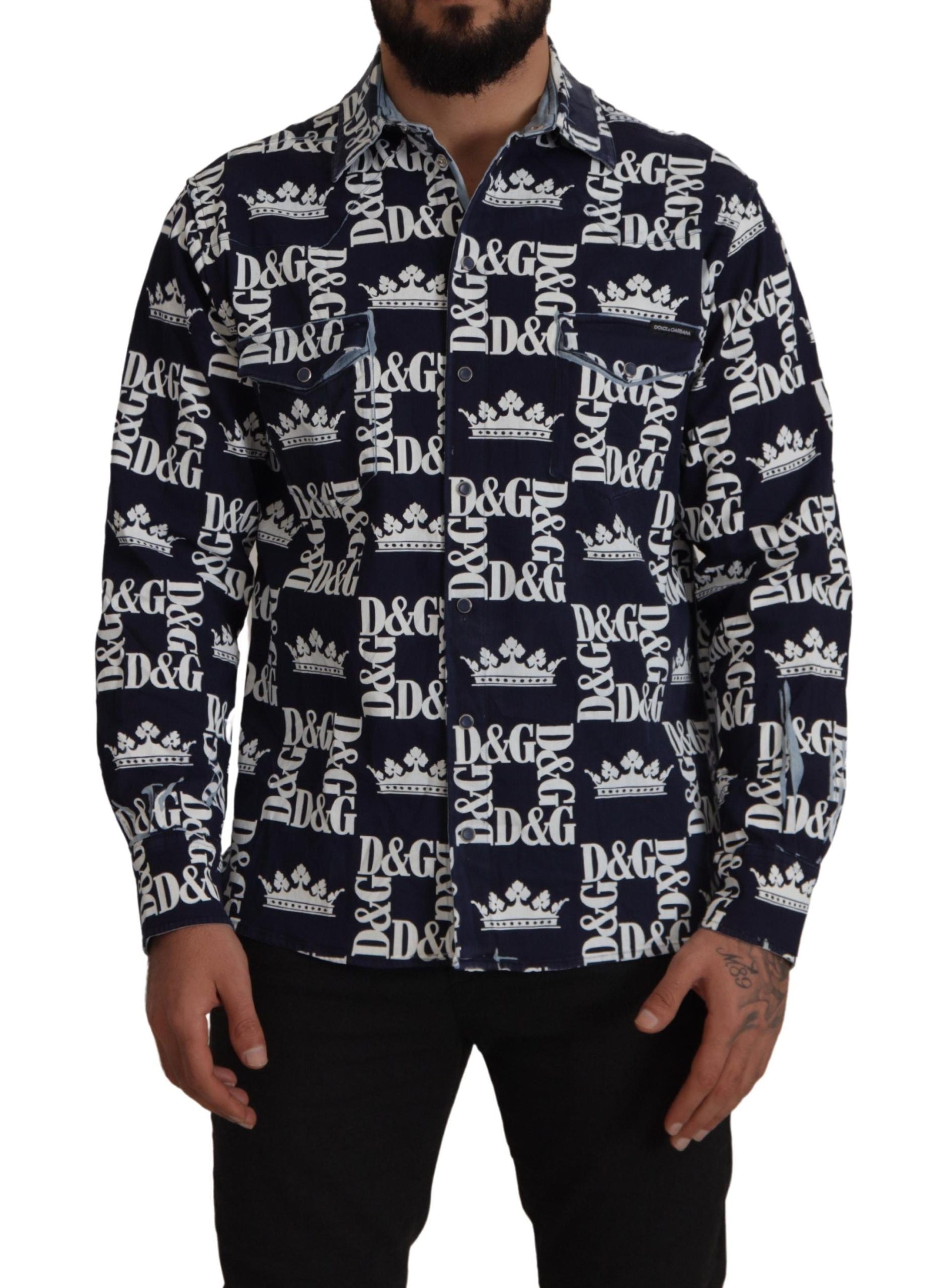 Dolce & Gabbana Blue Denim Stretch DG Crown Logo Casual Shirt-1