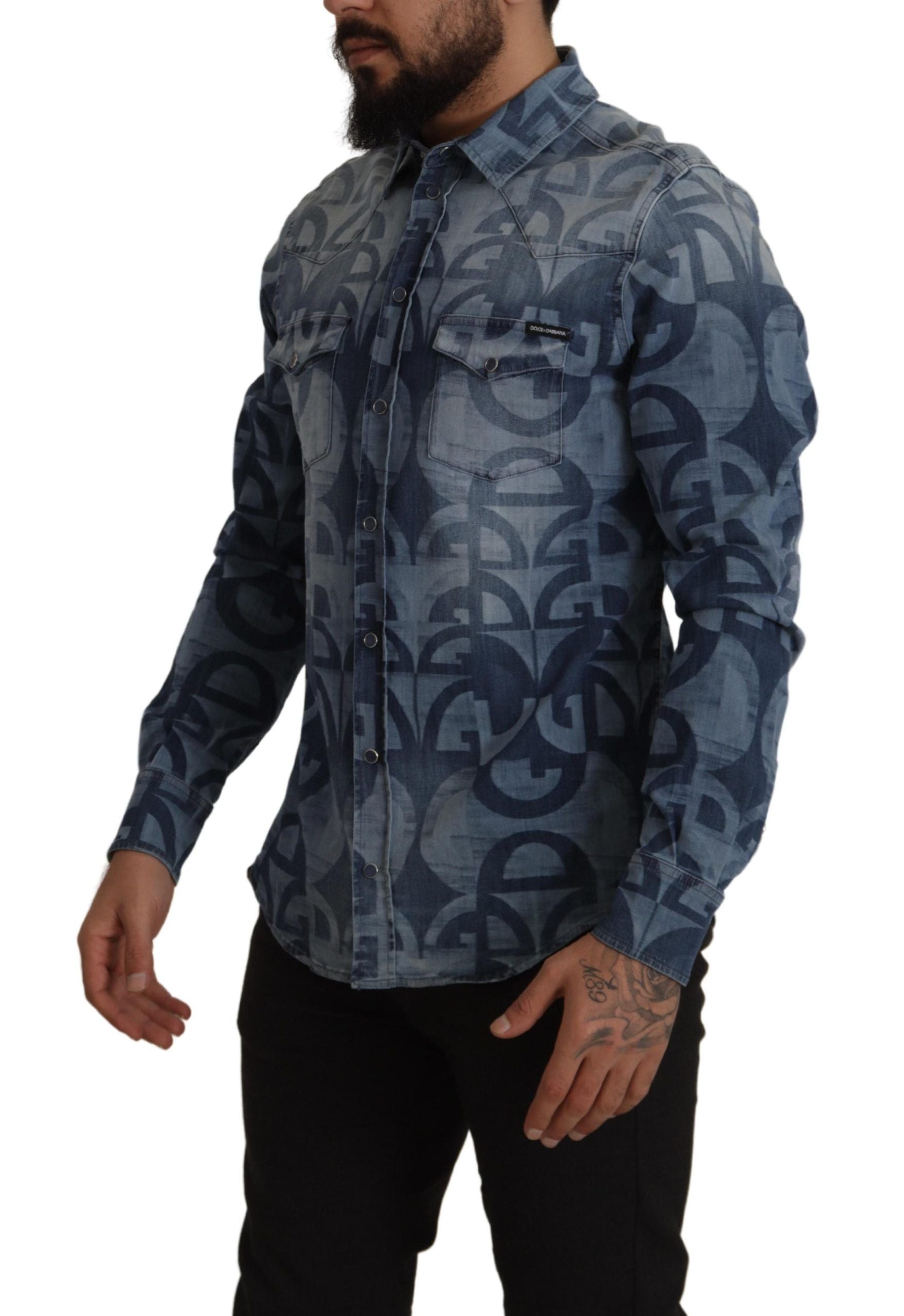 Dolce & Gabbana Blaues Denim Stretch DG Logo Lässiges schmales Herrenhemd-2