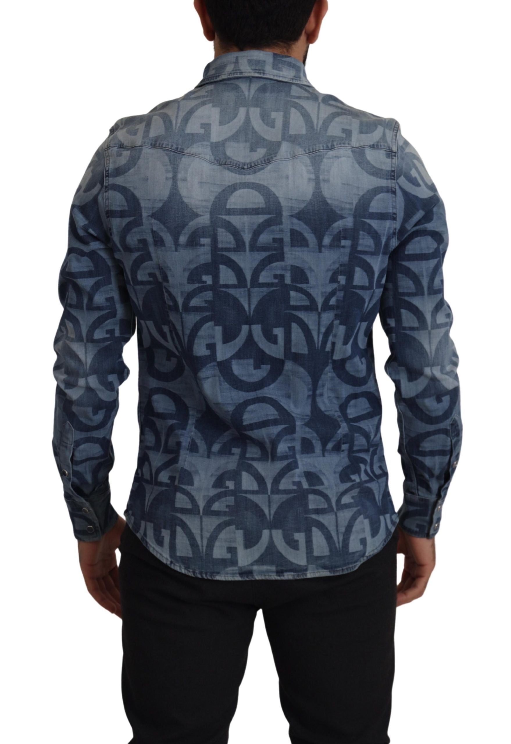 Dolce & Gabbana Blaues Denim Stretch DG Logo Lässiges schmales Herrenhemd-3