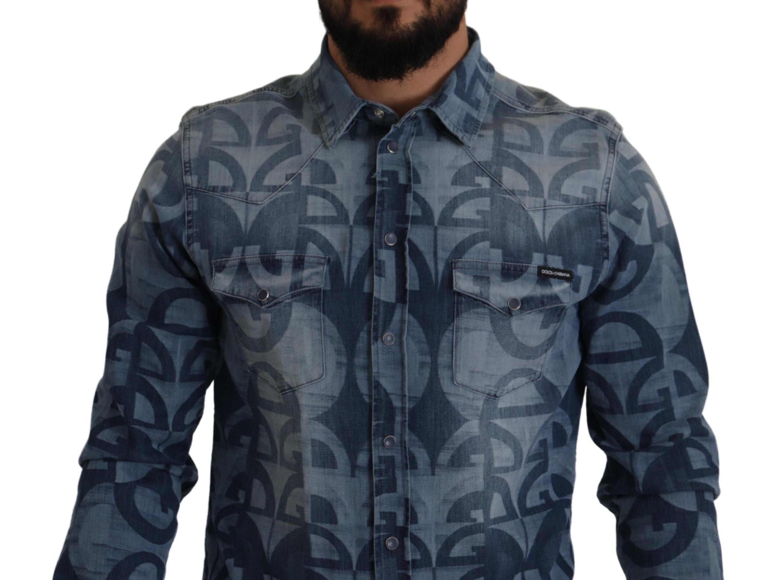 Dolce & Gabbana Blaues Denim Stretch DG Logo Lässiges schmales Herrenhemd-4
