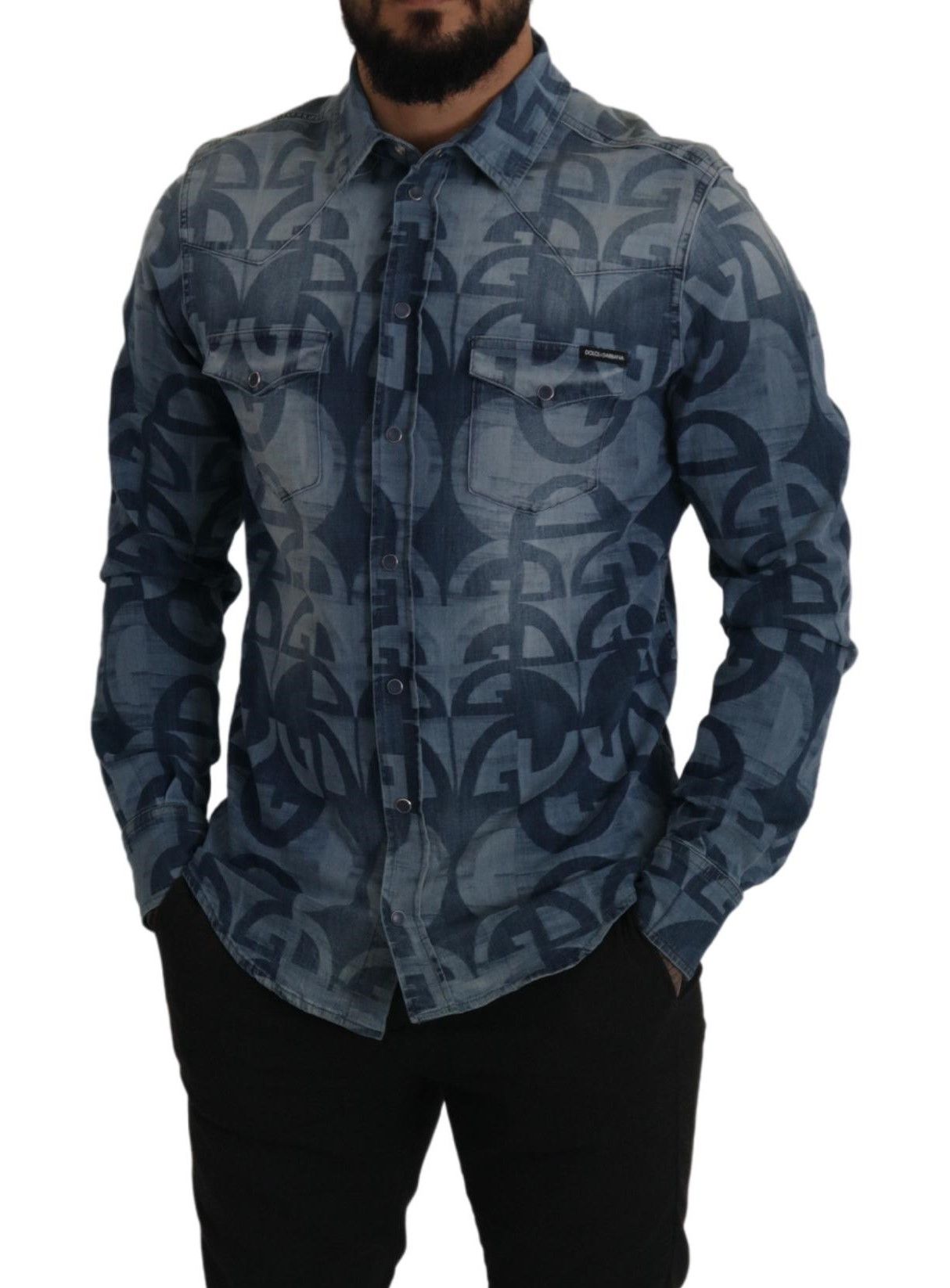 Dolce & Gabbana Blaues Denim Stretch DG Logo Lässiges schmales Herrenhemd-5