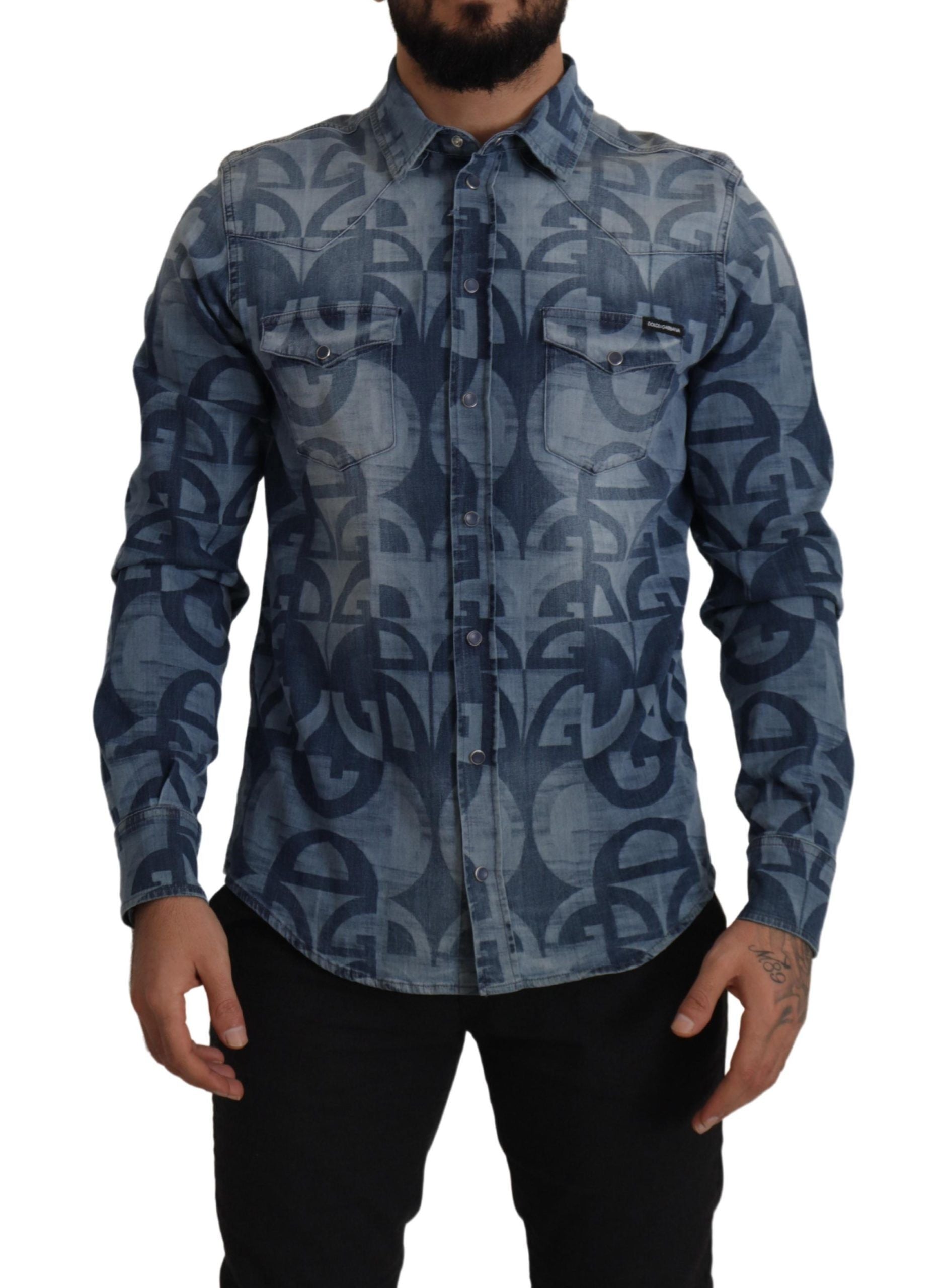 Dolce & Gabbana Blaues Denim Stretch DG Logo Lässiges schmales Herrenhemd-1