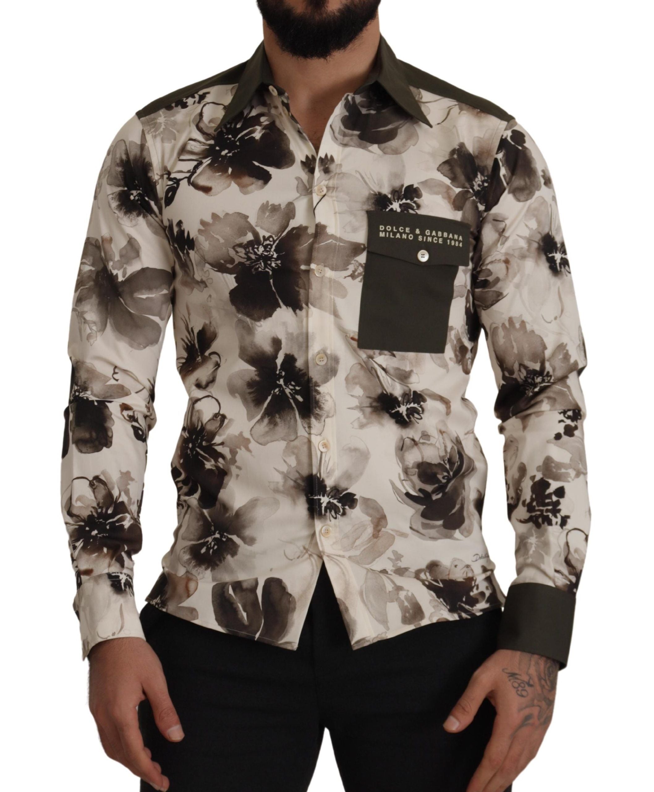 Dolce & Gabbana Grün Beige Geblümtes Baumwoll-Stretch-Exklusiv-Hemd-1