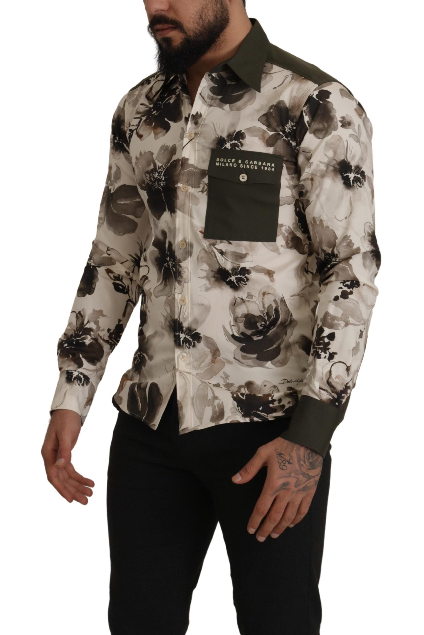 Dolce & Gabbana Grün Beige Geblümtes Baumwoll-Stretch-Exklusiv-Hemd-2