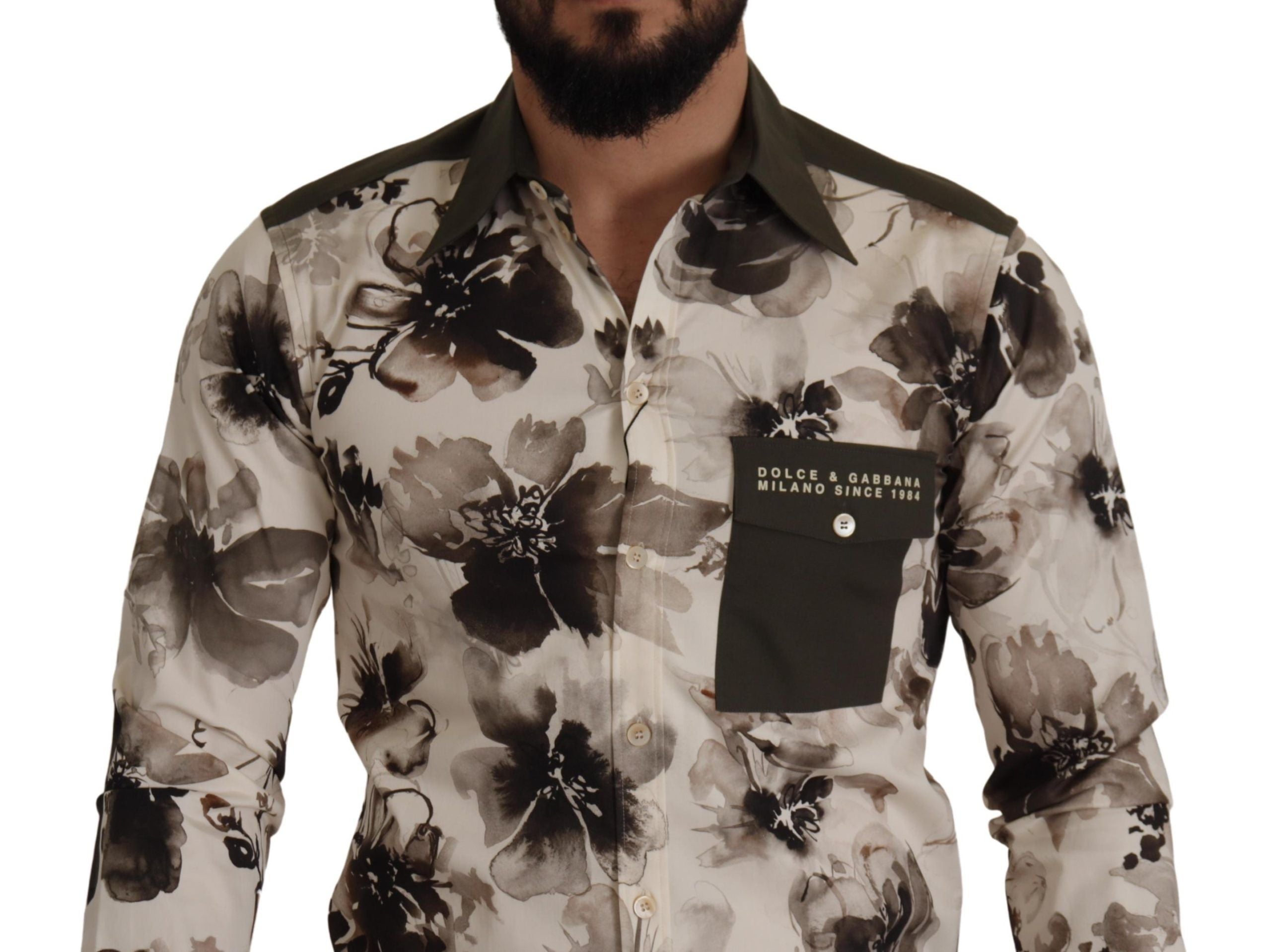 Dolce & Gabbana Grün Beige Geblümtes Baumwoll-Stretch-Exklusiv-Hemd-4