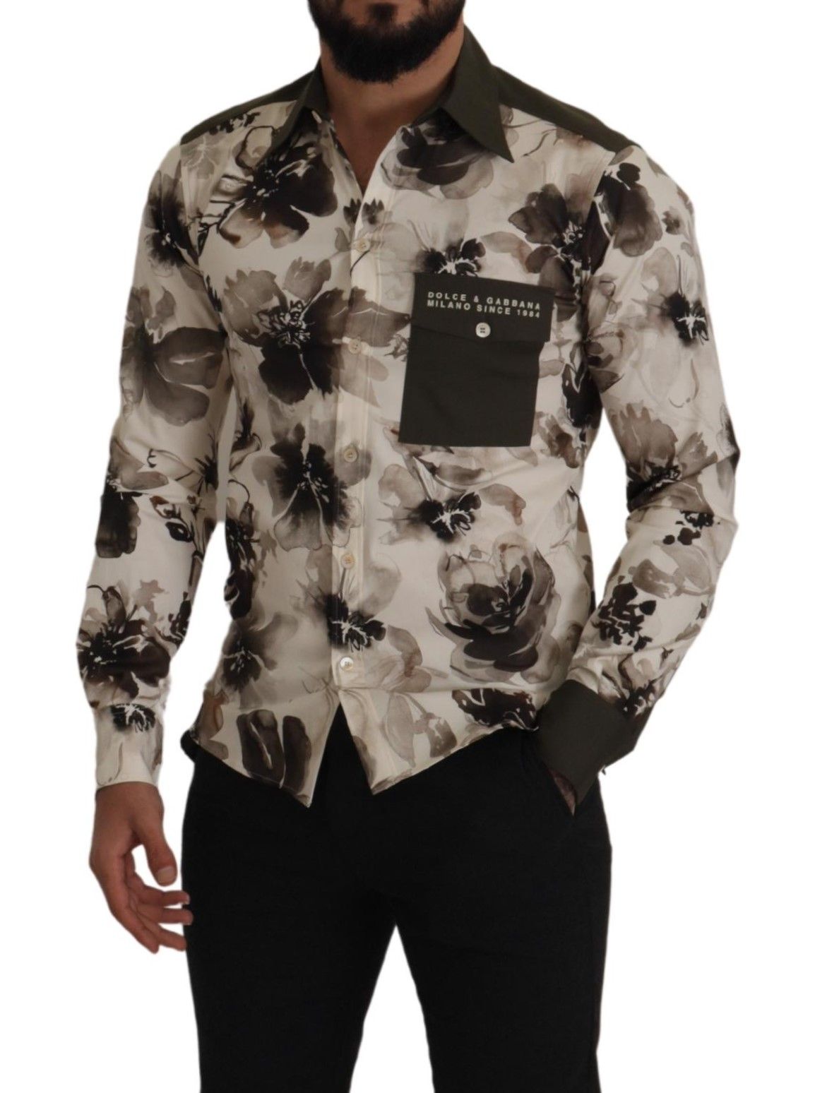 Dolce & Gabbana Grün Beige Geblümtes Baumwoll-Stretch-Exklusiv-Hemd-5