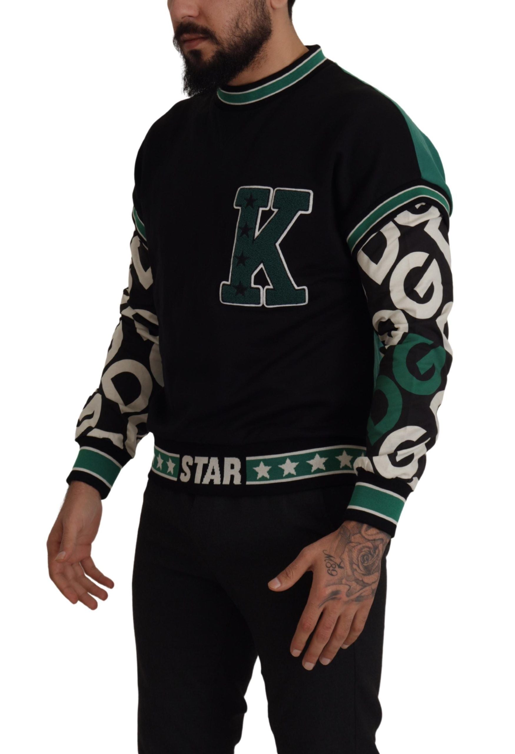 Dolce & Gabbana Black and Green Cotton KING Star Crew Neck Sweater-2