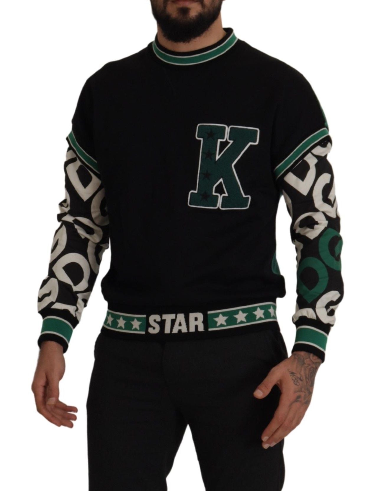 Dolce & Gabbana Black and Green Cotton KING Star Crew Neck Sweater-5