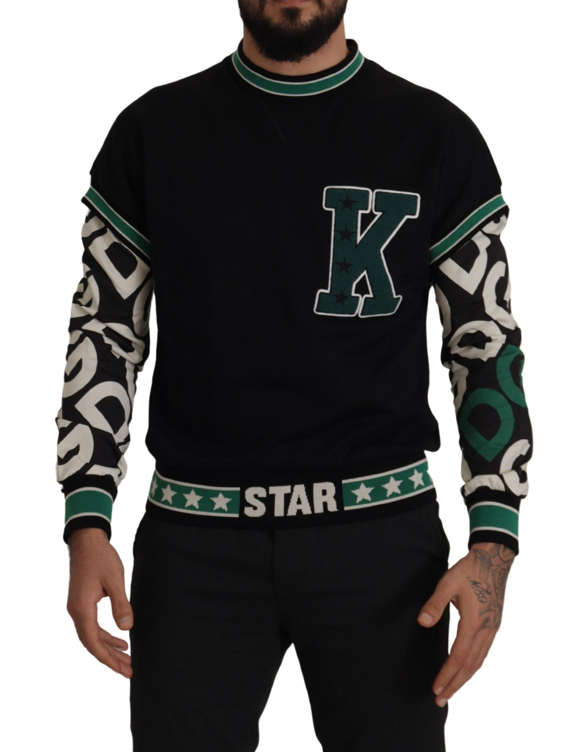 Dolce & Gabbana Black and Green Cotton KING Star Crew Neck Sweater-1