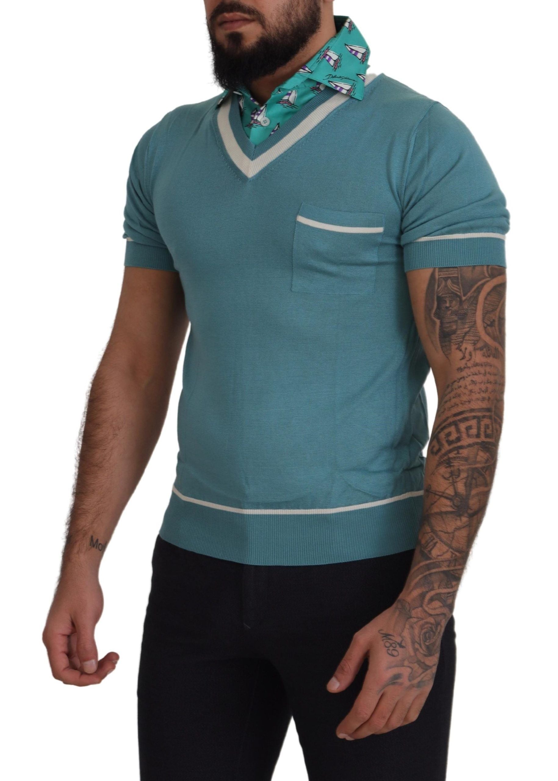 Dolce & Gabbana Blue Silk Polo Top Men's V-Neck T-Shirt-2